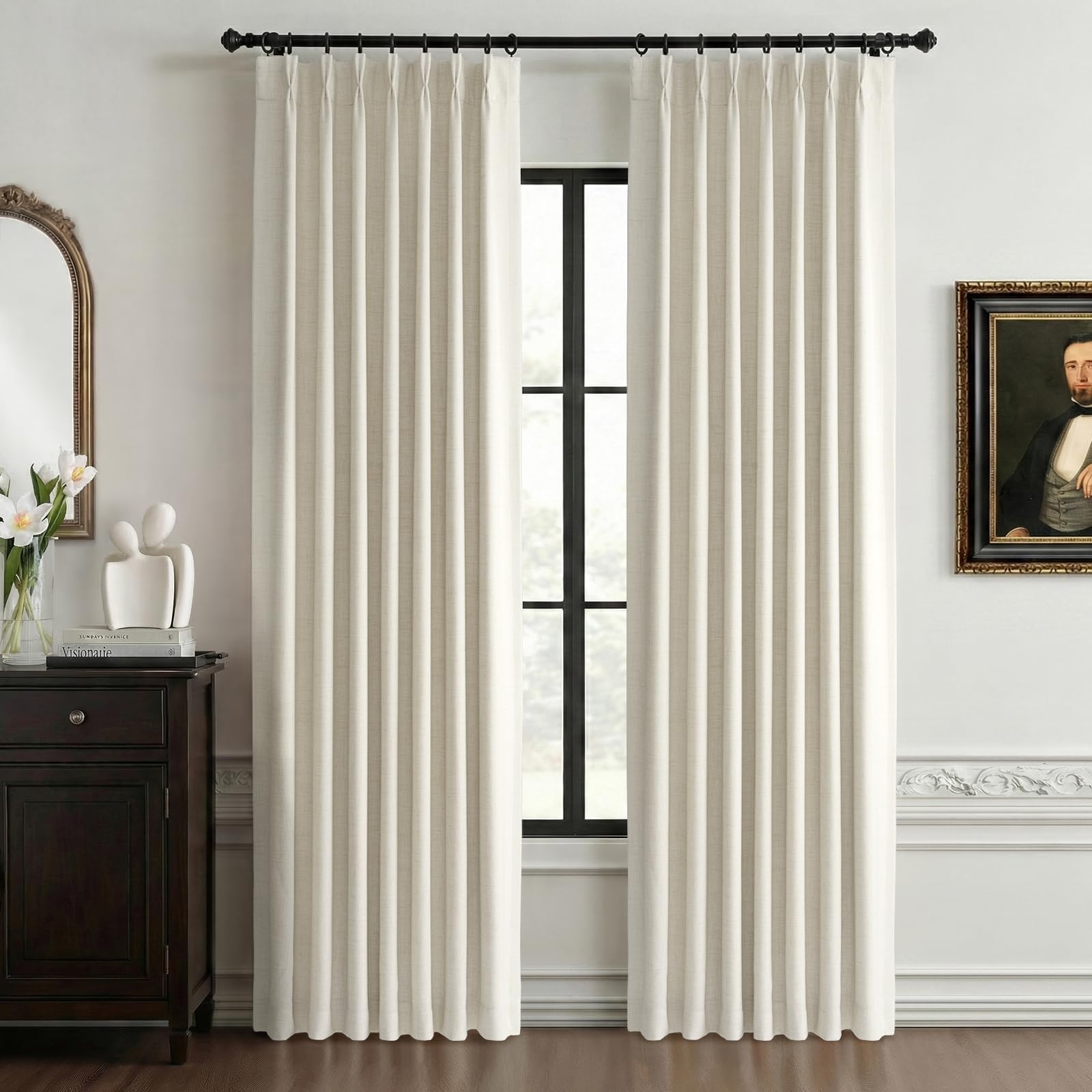 Photo 1 of 100% Blackout Shield Linen Look Textured Pinch Pleated Curtains Blackout Drapes 96 Inch Long 2 Panels Set, Faux Linen Blackout Curtains for Bedroom & Living Room, 40" W x 96" L, Beige White