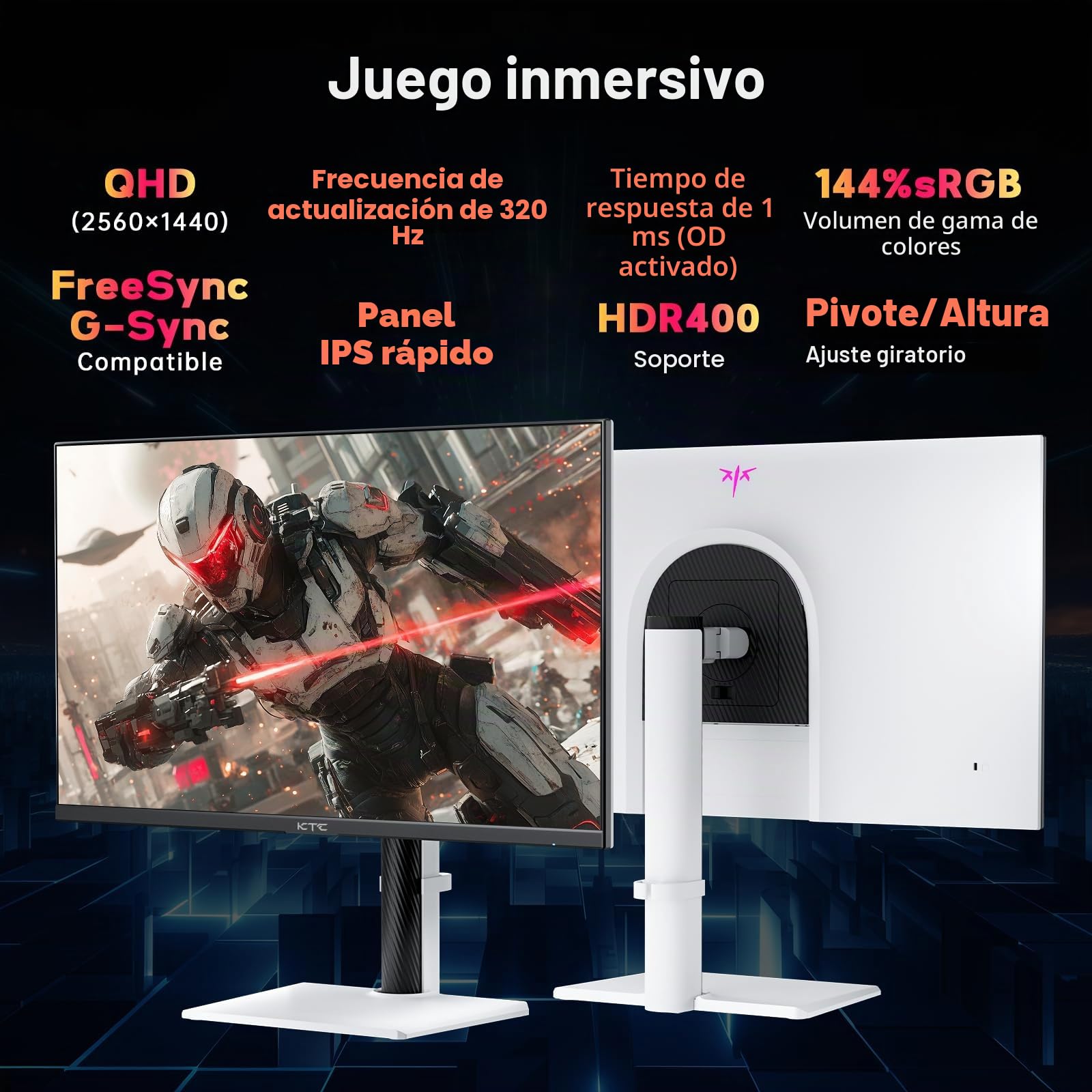 KTC Monitor de juegos QHD blanco de 27 pulgadas 300Hz/320Hz H27E6 | 2K 1440P, IPS rápido, FreeSync adaptativo, HDR400, altura/pivote/giro/inclinación ajustable, DP y HDMI