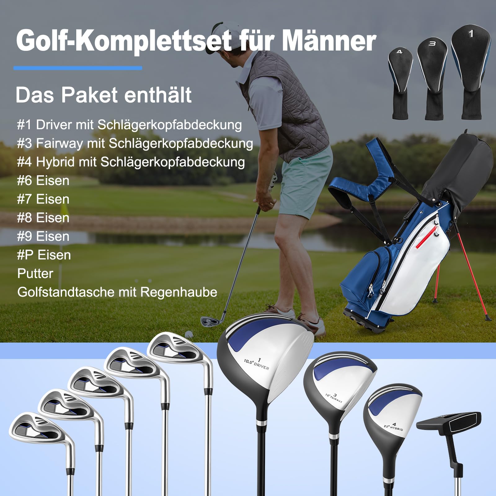 GOPLUS Męski zestaw kijów golfowych, kompletny zestaw, zestawy kijów golfowych, w zestawie 1 Driver, 3 Fairway, 5 Hybrid i 1 torba stojąca, z regulowanymi paskami na ramię, prawa ręka (niebieski)