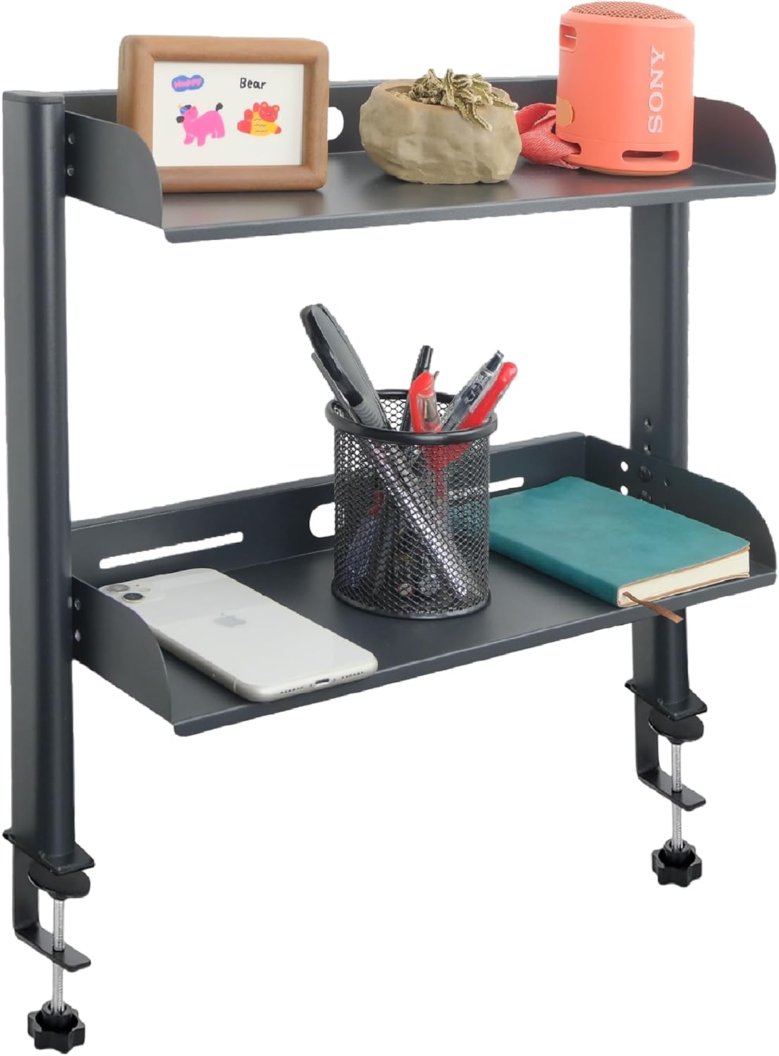 ShinJu Clamp on Desk Shelf for Top of Desk 2 Tier Above or Under Desk Storage Gaming Desk Organizers and Accessories Metal Storage Shelves for Office Standing Desk Accessories Under Desk Bookshelf