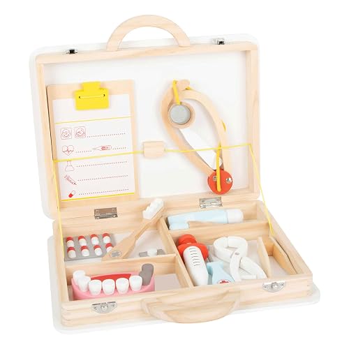 11743 Maletín de Dentista 2 en 1, small foot, Madera, jeringa, Estetoscopio, dentaduras