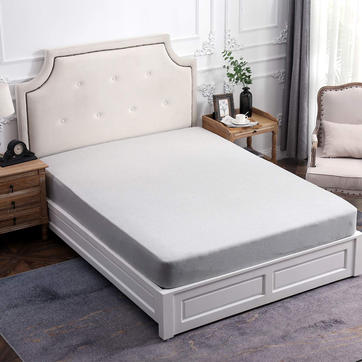 Pure ERA Nur Spannbettlaken aus Jersey-Strick-Baumwolle (kein Bettlaken oder Kissenbezüge), ultraweich, bequem, atmungsaktiv, bequem, grau meliert, Queen-Size-Bett