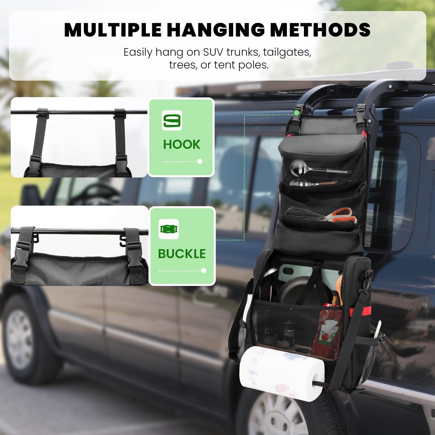 Camp Kitchen Organizer, Hanging Cooking Tools Storage Caddy Bag with Paper Towel Holder & Multi-Pockets, Portable Camping Utensils Kitchen Cookware Bag, Car Travel, Picnic, BBQ Essentials Camping Gift