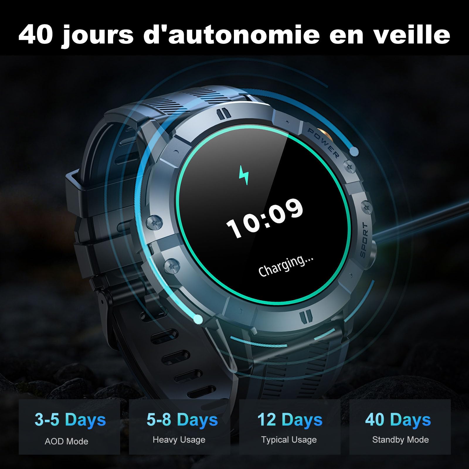 VIRAN Montre Connectée Homme 1.52" Militaire Smartwatch Appel Bluetooth Moniteur Pression Artérielle Fréquence Cardiaque Sommeil IP68 Android iOS Noir