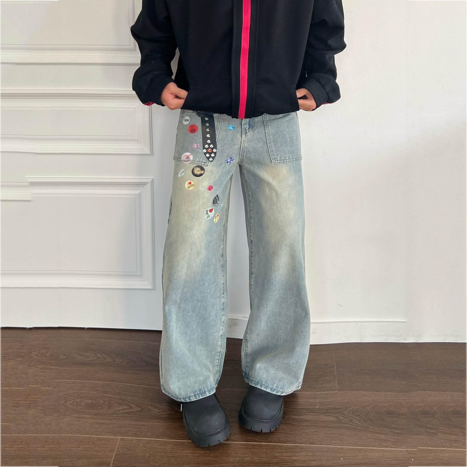 Generico Jeans Baggy Zampa Invernali Pantaloni Y2K Loose Uomo Balloon Larghi Elefante Moto Slim Strappati Fit Salopette Cargo Jins