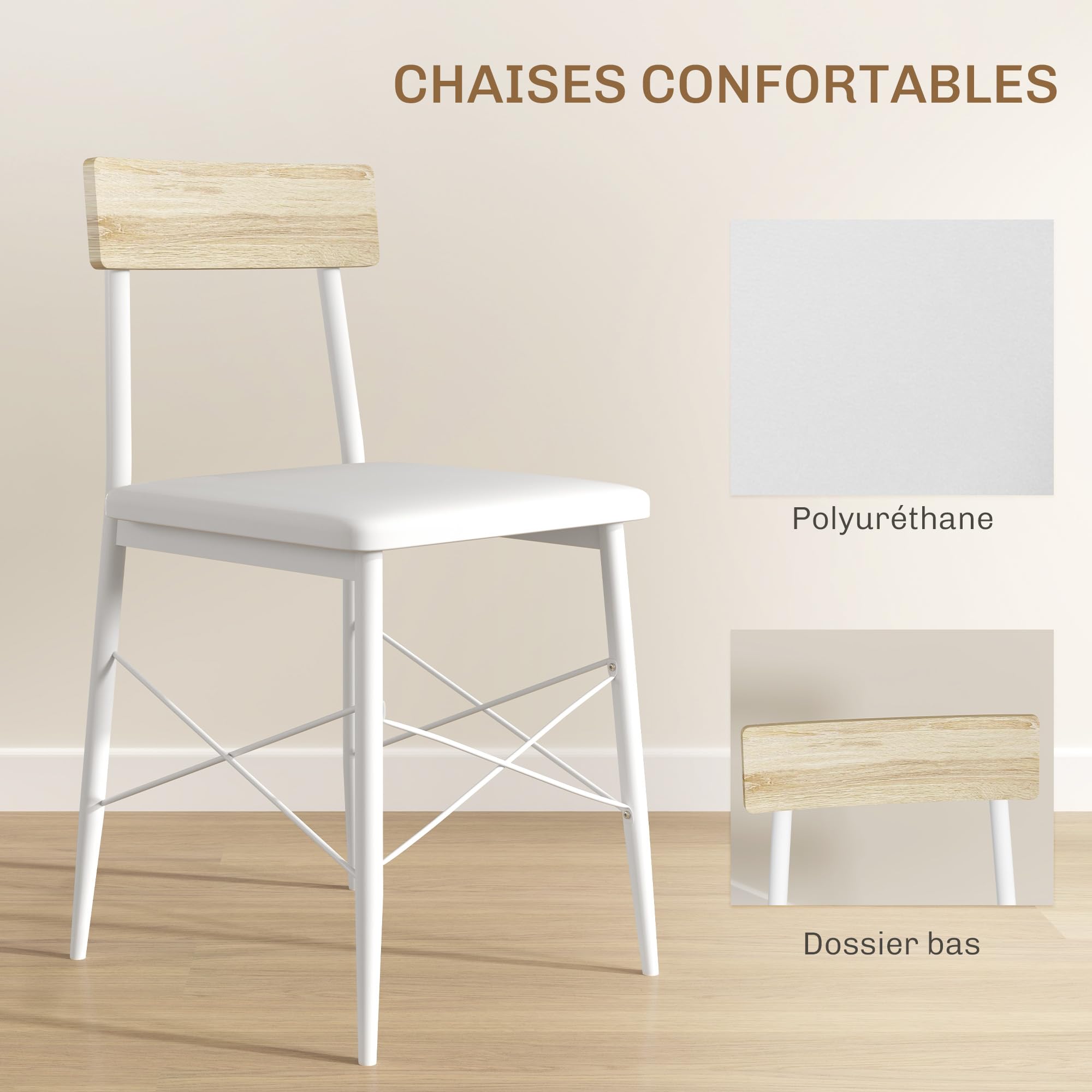 HOMCOM Ensemble Table et chaises, Table de Cuisine avec 2 chaises encastrables, Structure en Acier, pour Cuisine Salon Maison, Blanc et chêne