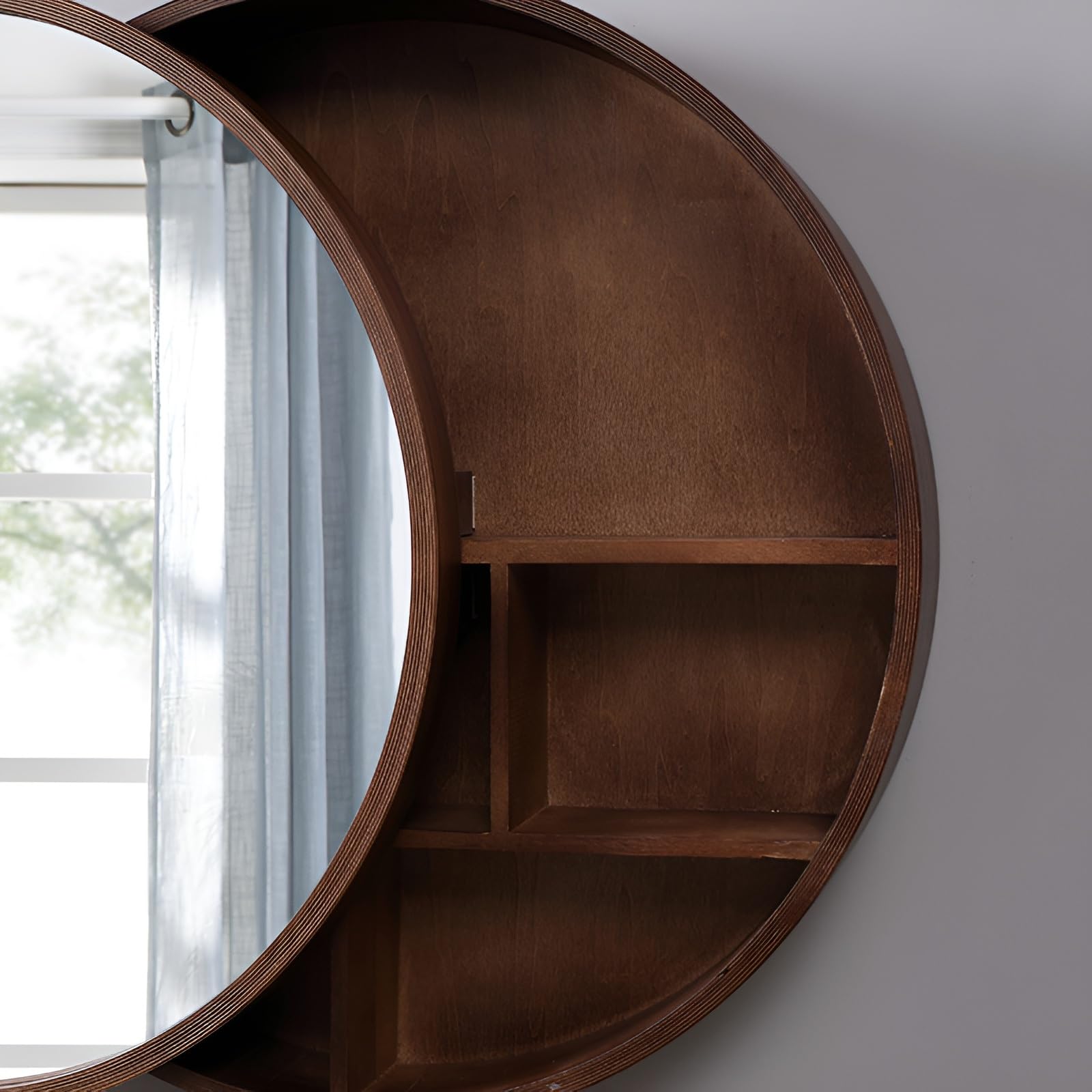 Armoire de salle de bain en noyer avec miroir rond – Meuble mural élégant pour salle de bain, entrée, salon, chambre à coucher, station de maquillage (50 cm)