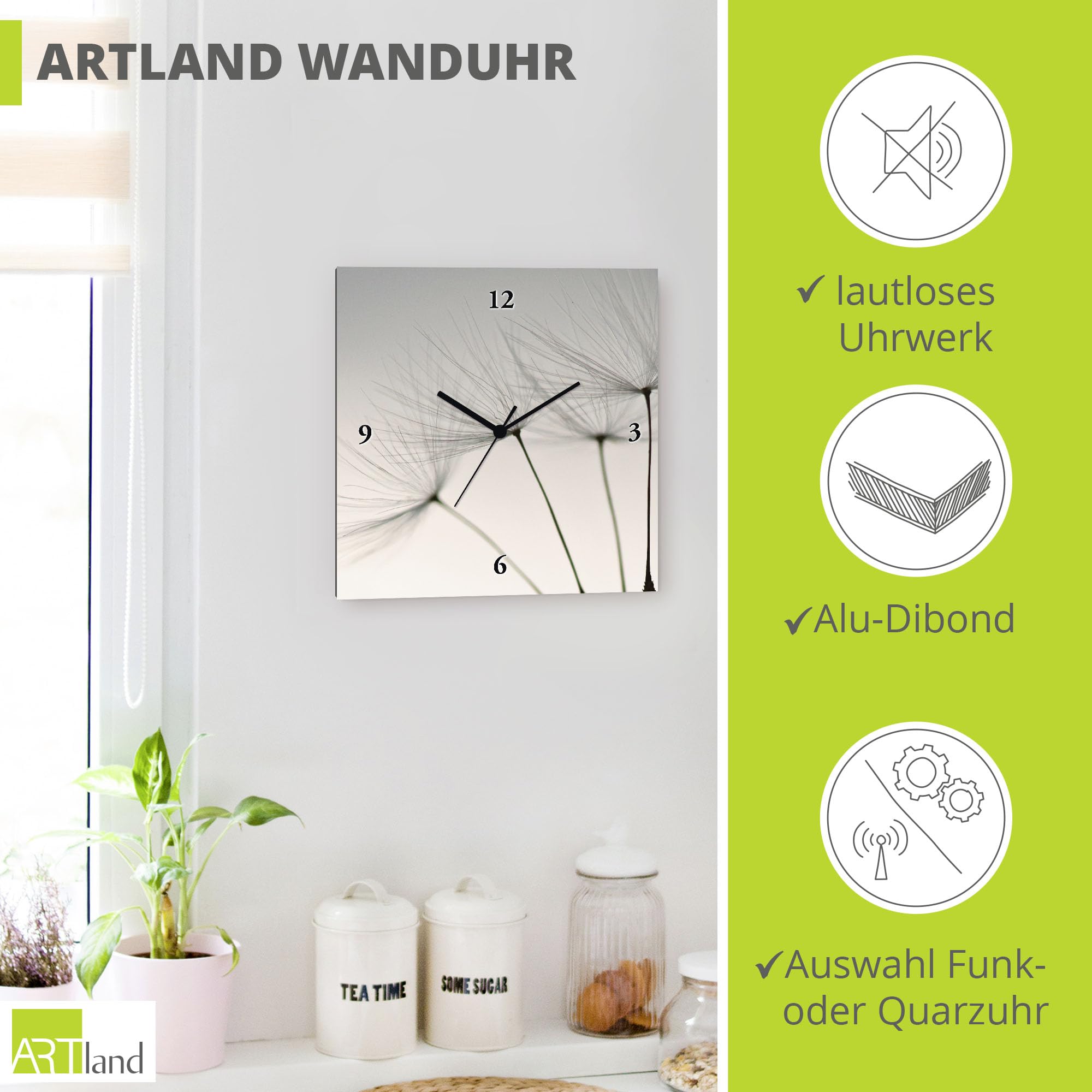 ARTLAND Wanduhr ohne Tickgeräusche Alu Funkuhr 30x30 cm Quadratisch Lautlos Blumen Pusteblume Modern Nordisch Originell T5SQ