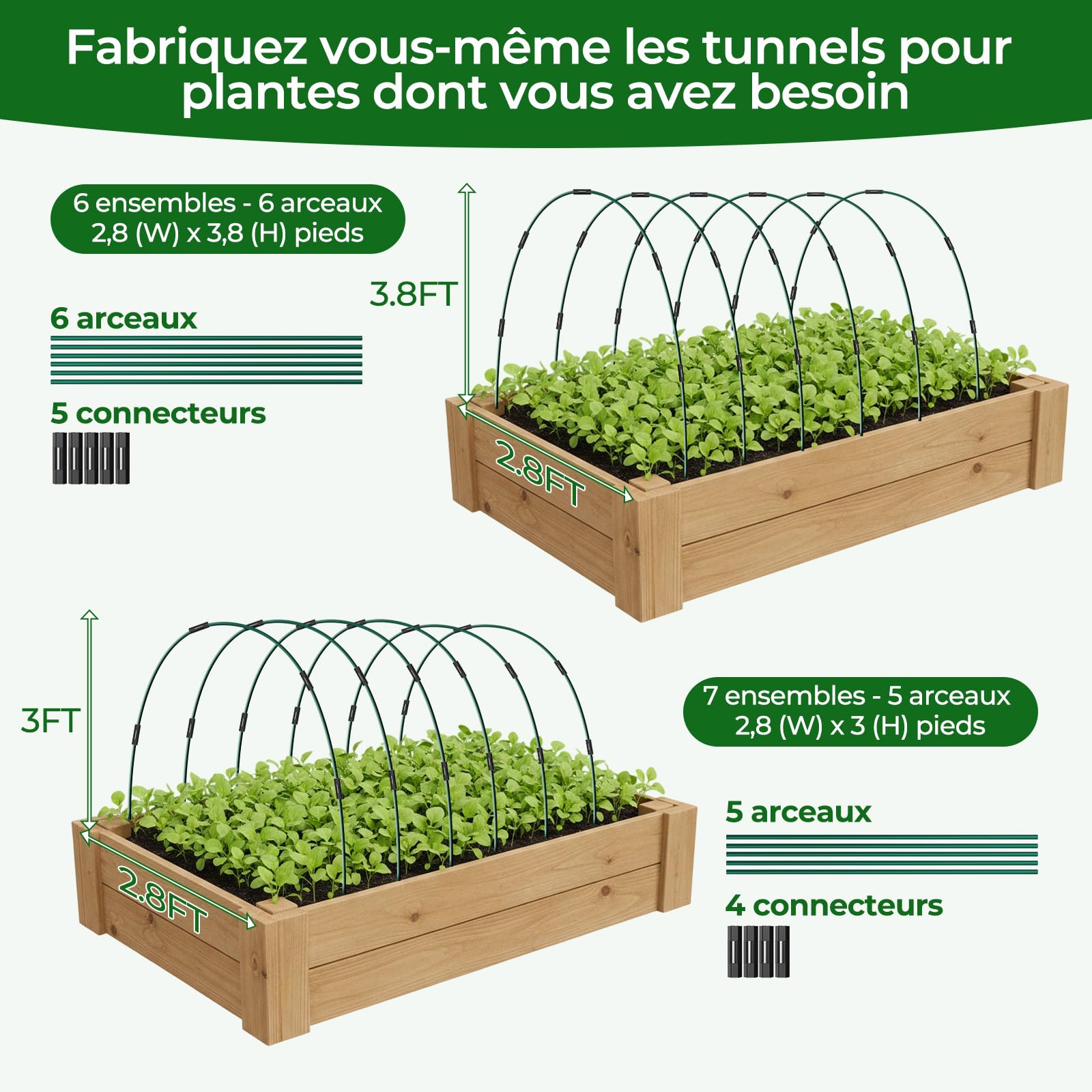 MYMULIKE Lot de 60 Tunnels de Culture pour Carrés Potagers, Arceaux de Tunnel de Plantes, Kit de 12 Arceaux de Jardin en Fibre de Verre, Arceaux de Serre pour Légumes, Fleurs et Fruits