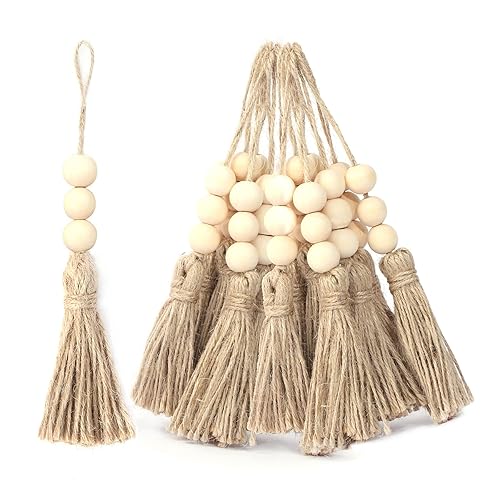 20 Pack Jute Rope Tassel with 3 Wood Beads, Hemp