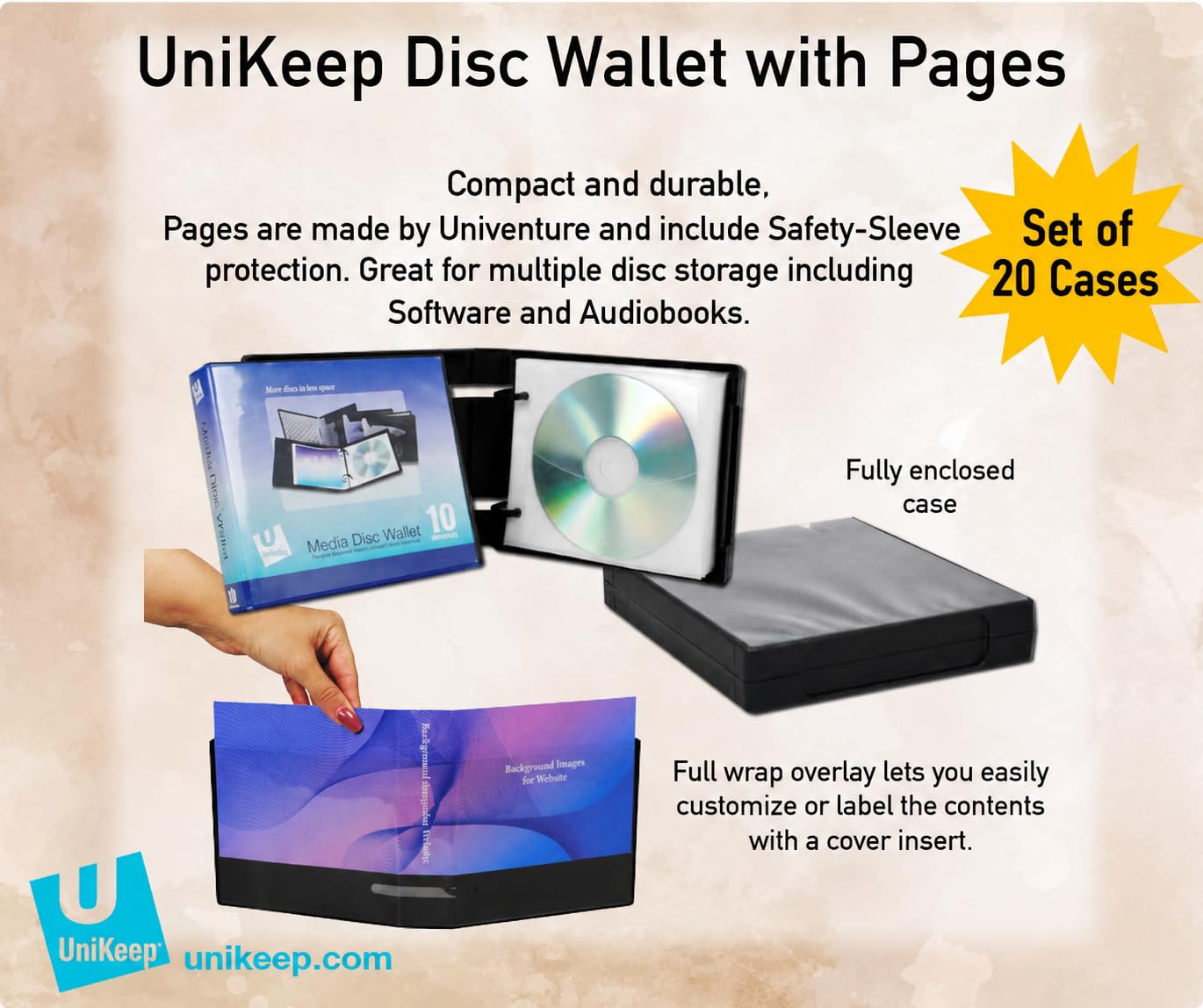 Unikeep disco 10 CD/DVD in pelle con pagine (16,2 x 13,8 x 2,9 cm) – Custodia di 20 (nero)