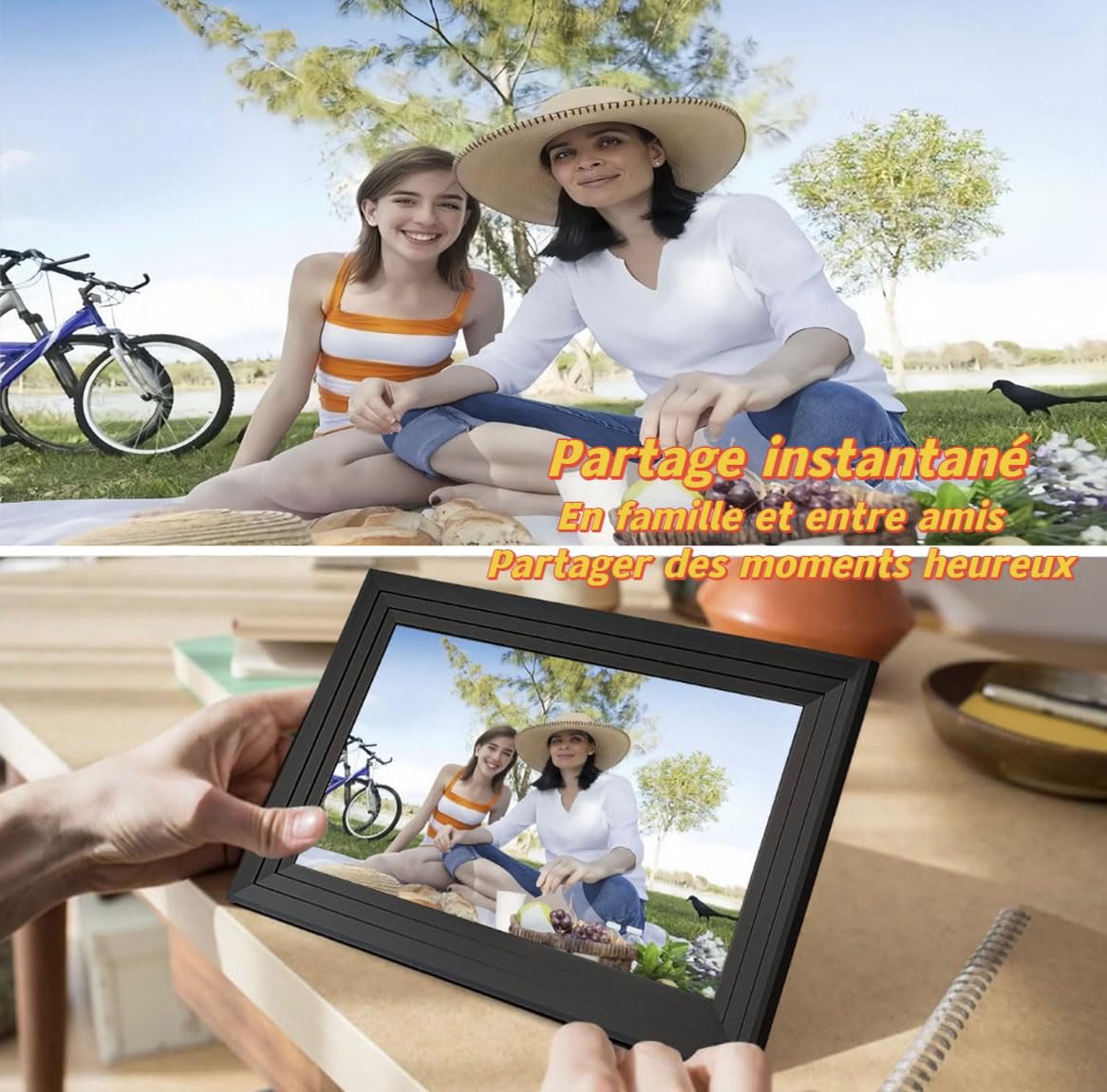Cadre Photo Numérique WiFi - 10.1 Pouces，IPS Écran Tactile HD, Mémoire de 32 Go, Rotation Automatique,Partagez des Photos Via Frameo App,Noir