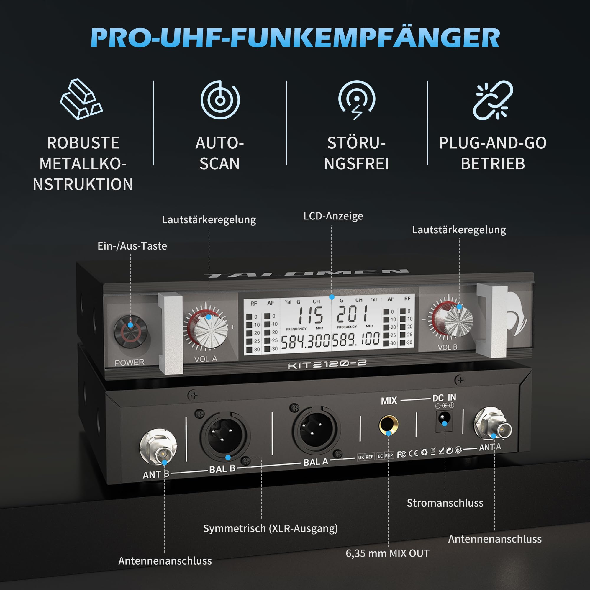 talomen UHF Funkmikrofon Set, 2 Kabellose Handmikrofone aus Metall, Dynamische Mikrofone mit Auto-Scan, 120 m Reichweite, Dual Channel Empfänger, für Gesang, Karaoke, Party, DJ, Kirche – K120 Schwarz