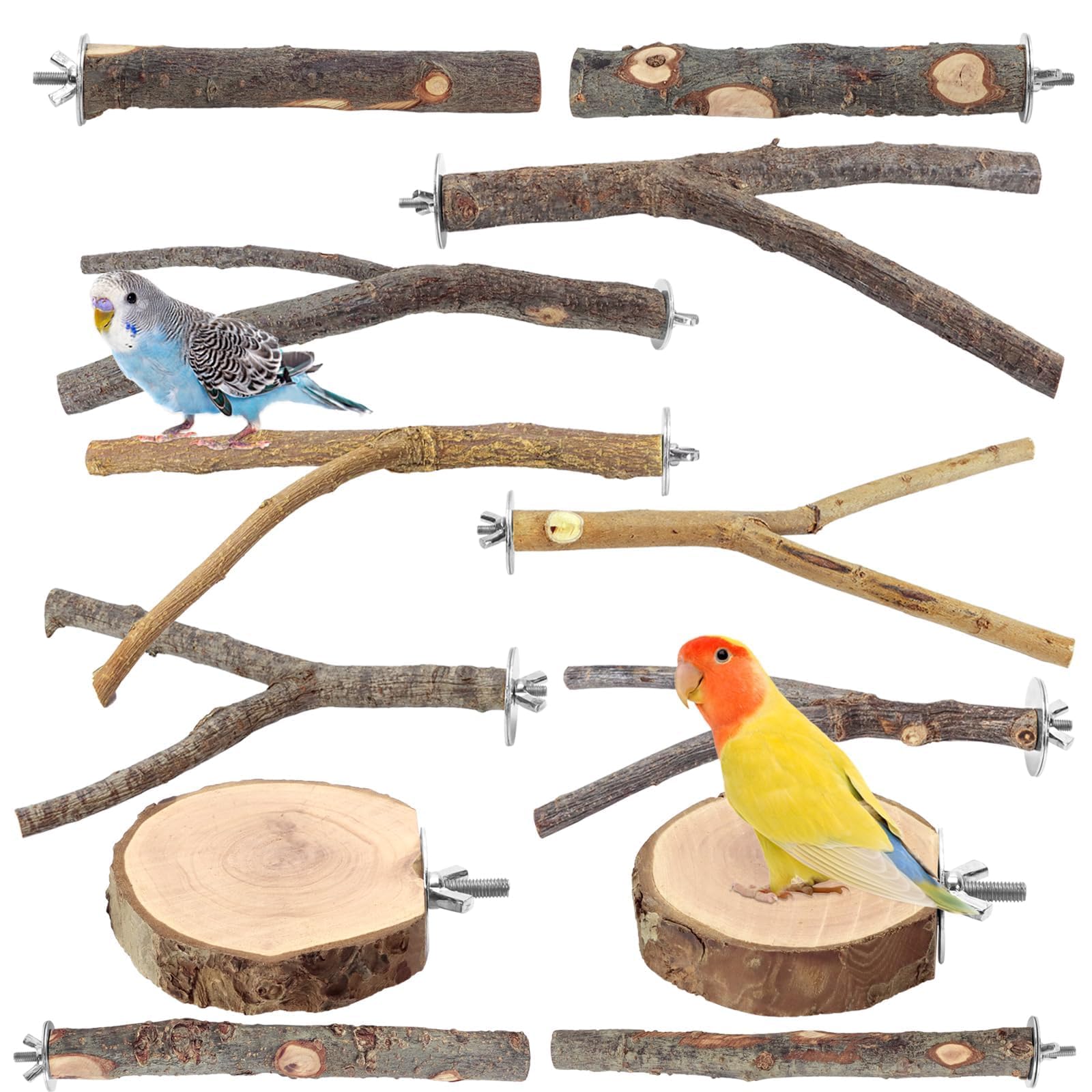 CZWESTC 12PCS Natural Wood Bird Perches for Cage, Parrot Perch Stand & Platform, Bird Cage Accessories - Multi-Size Perches for Parakeets, Cockatiels, Conures, Lovebirds
