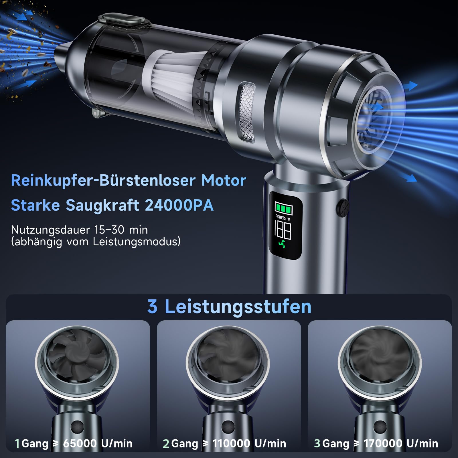 HOVIN Aspirador de Mano – 26000 pa Aspiradora Coche, Aspiradora de Mano Potente, 4 en 1 Mini Aspiradora de Mano con Motor Sin Escobillas, 3 Niveles, para PC, Mascotas, Casa, Coche — view 3
