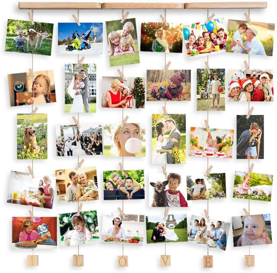 Uping Hanging Photo Display Wood Wall Photo Display Board with Rope and 30 Small Memo Clips Hanging Photo Frames