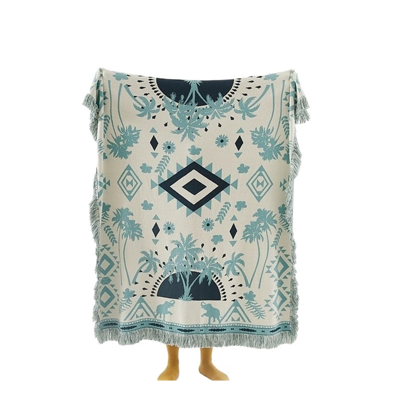 Plaid canapé bohème en coton à franges 130x160 cm motif jungle