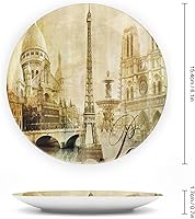 Vista 2 de Platos de cerámica, Platos de cerámica decorativos de decoración de París, paisaje antiguo, torre Eiffel Francia, monumentos de 10 pulgadas, platos