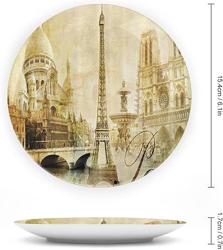 Vista 2 de Platos de cerámica, Platos de cerámica decorativos de decoración de París, paisaje antiguo, torre Eiffel Francia, monumentos de 10 pulgadas, platos