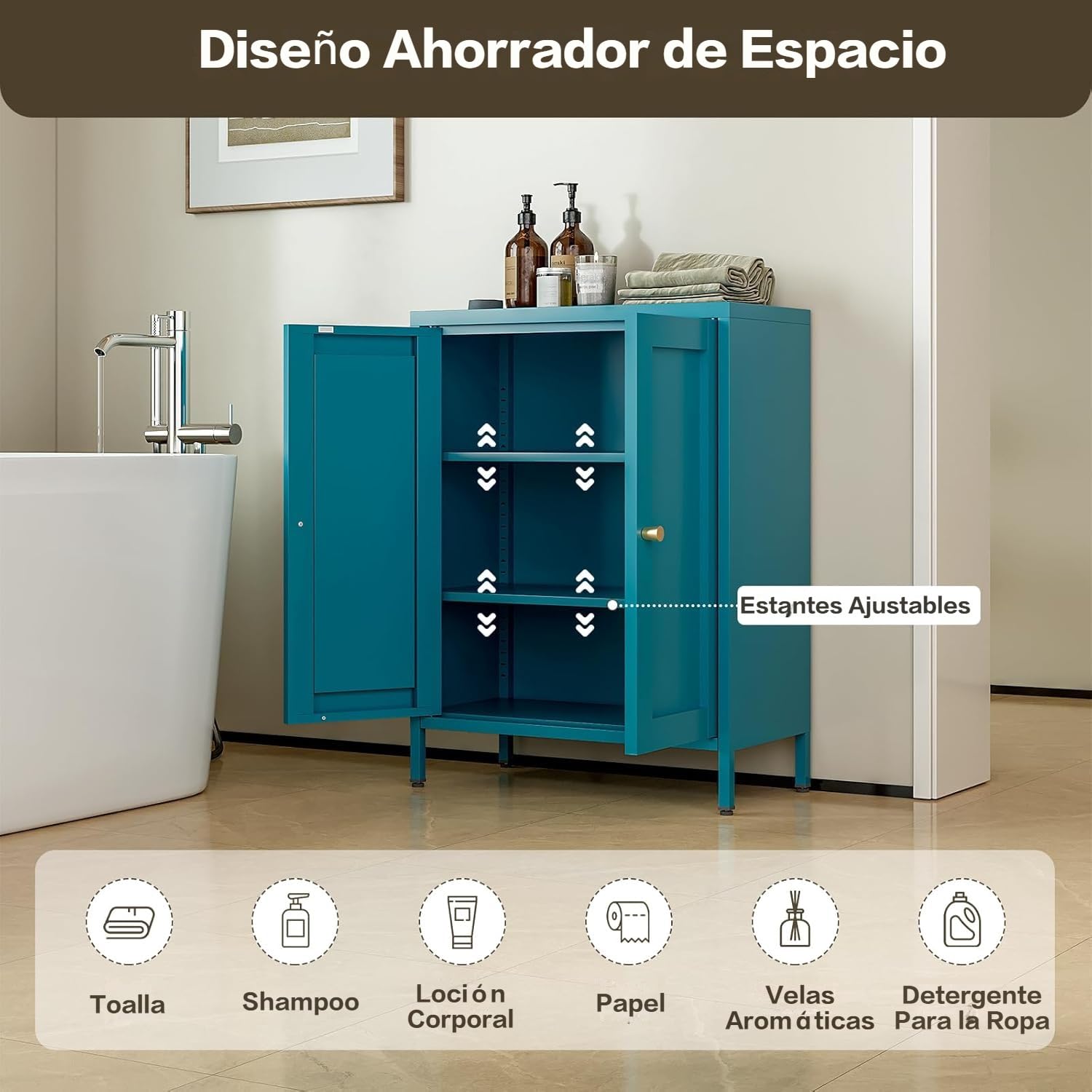 Armario de Baño Metálico,Mueble baño con 2 Puertas, Mueble Auxiliar con 2 estantes Ajustables Pare Baño,Cocina,Oficina,30 x 60 x 80 cm, Azul