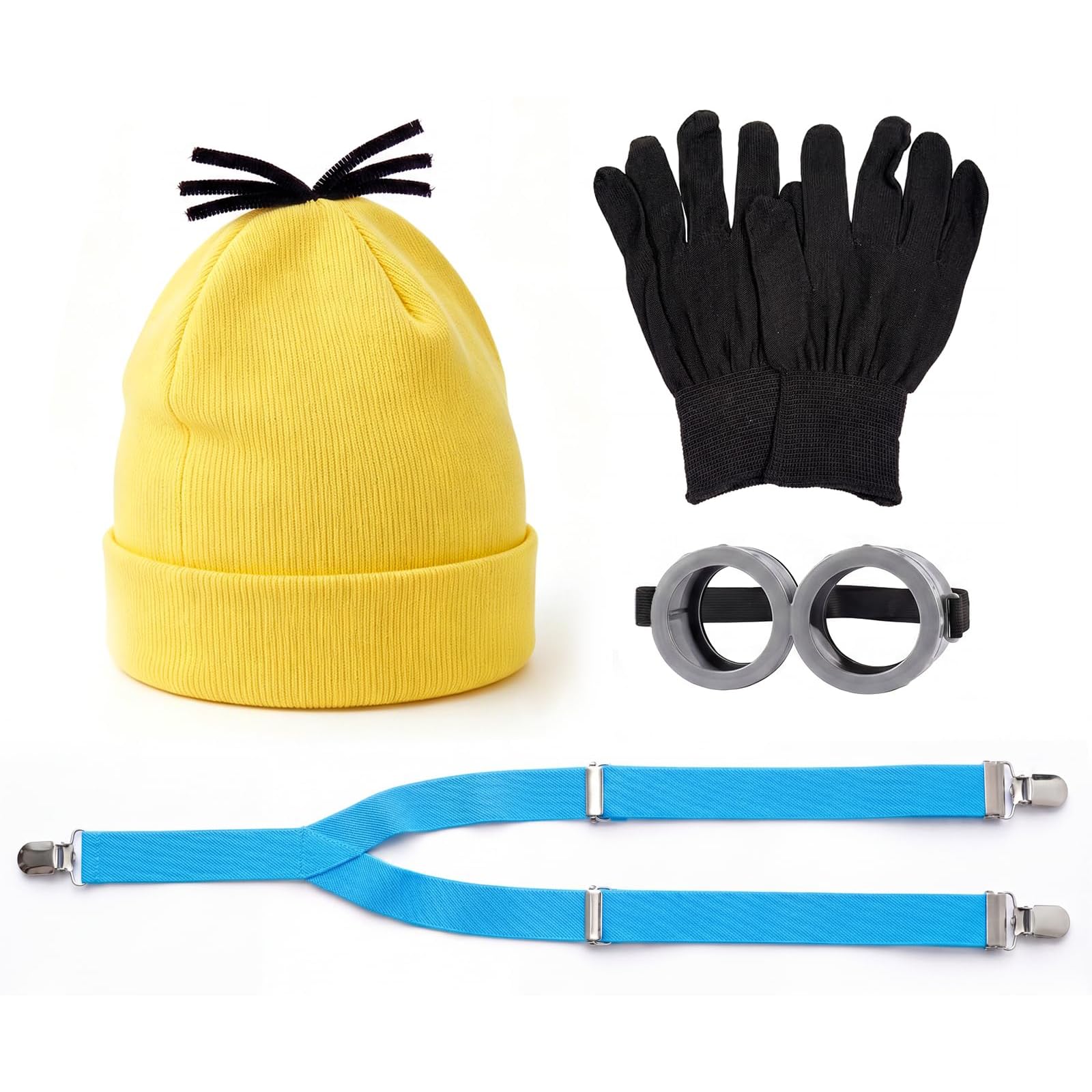 JulFunny 4 Pcs Adult Halloween Costume Accessories,Yellow Beanie/Suspenders/Goggles glasses/Gloves Cosplay Party Set