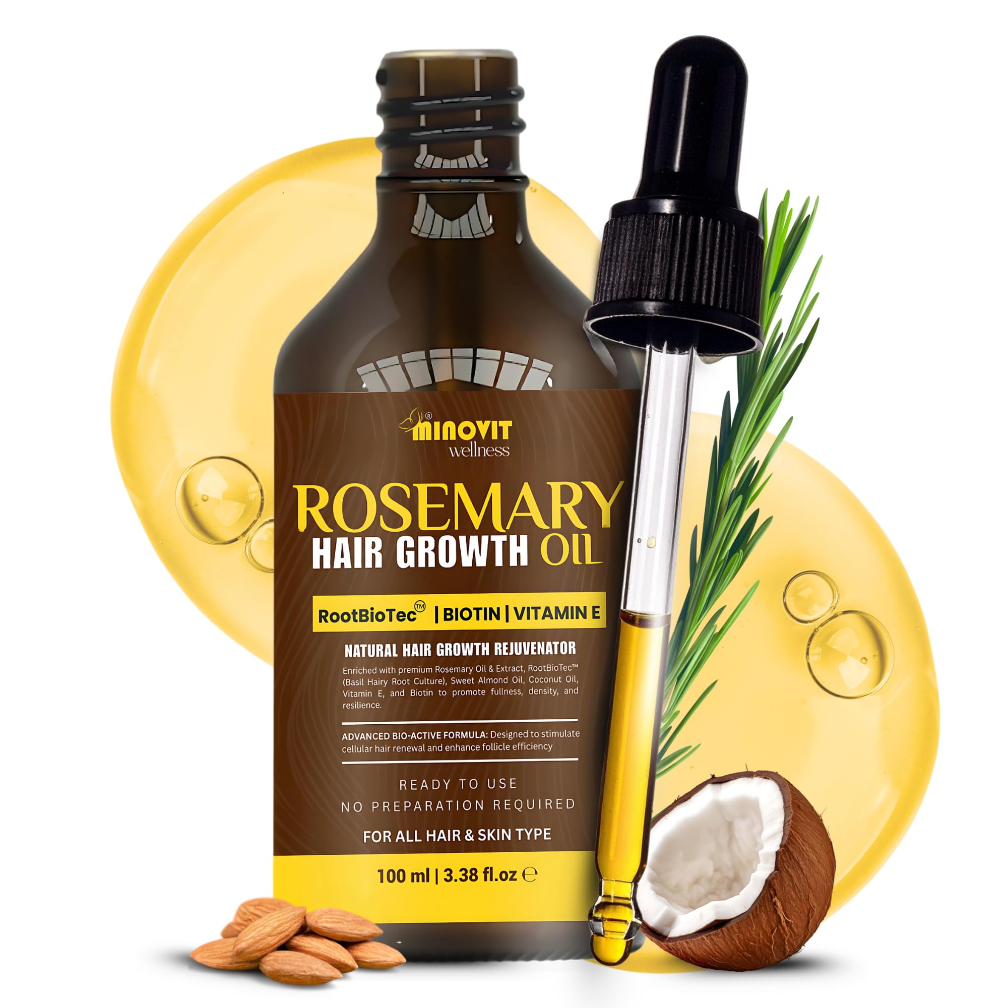 Rosemary Oil For Hair Growth with Biotin, Vitamin E, 3.4 fl oz
