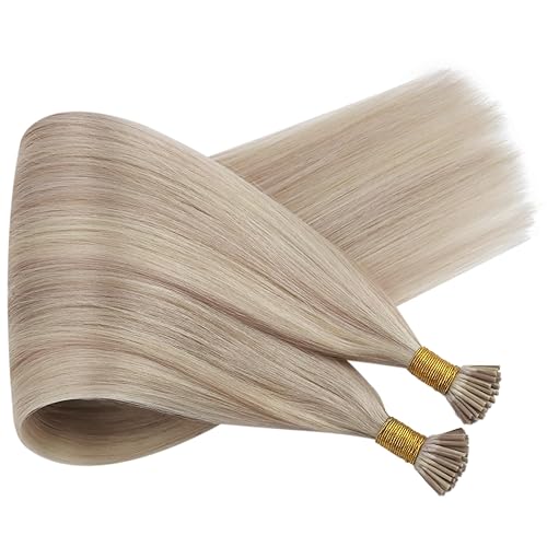 Miniatura 9 de Ugeat I Tip - Extensiones de cabello humano con queratina de 18 pulgadas, extensiones de cabello humano #P1813 rubio ceniza con reflejos rubios