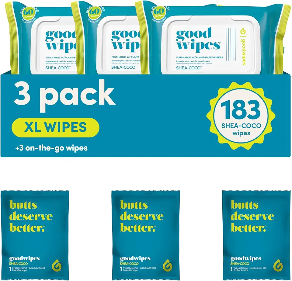 goodwipes Flushable Butt Wipes - Vitamin E &amp; Aloe - Soft &amp; Gentle Wet Wipe Dispenser, Septic &amp; Sewer Safe - Largest Adult Toilet Towelettes - Shea-Coco, 180 Count (3 Packs) + 3 Individuall