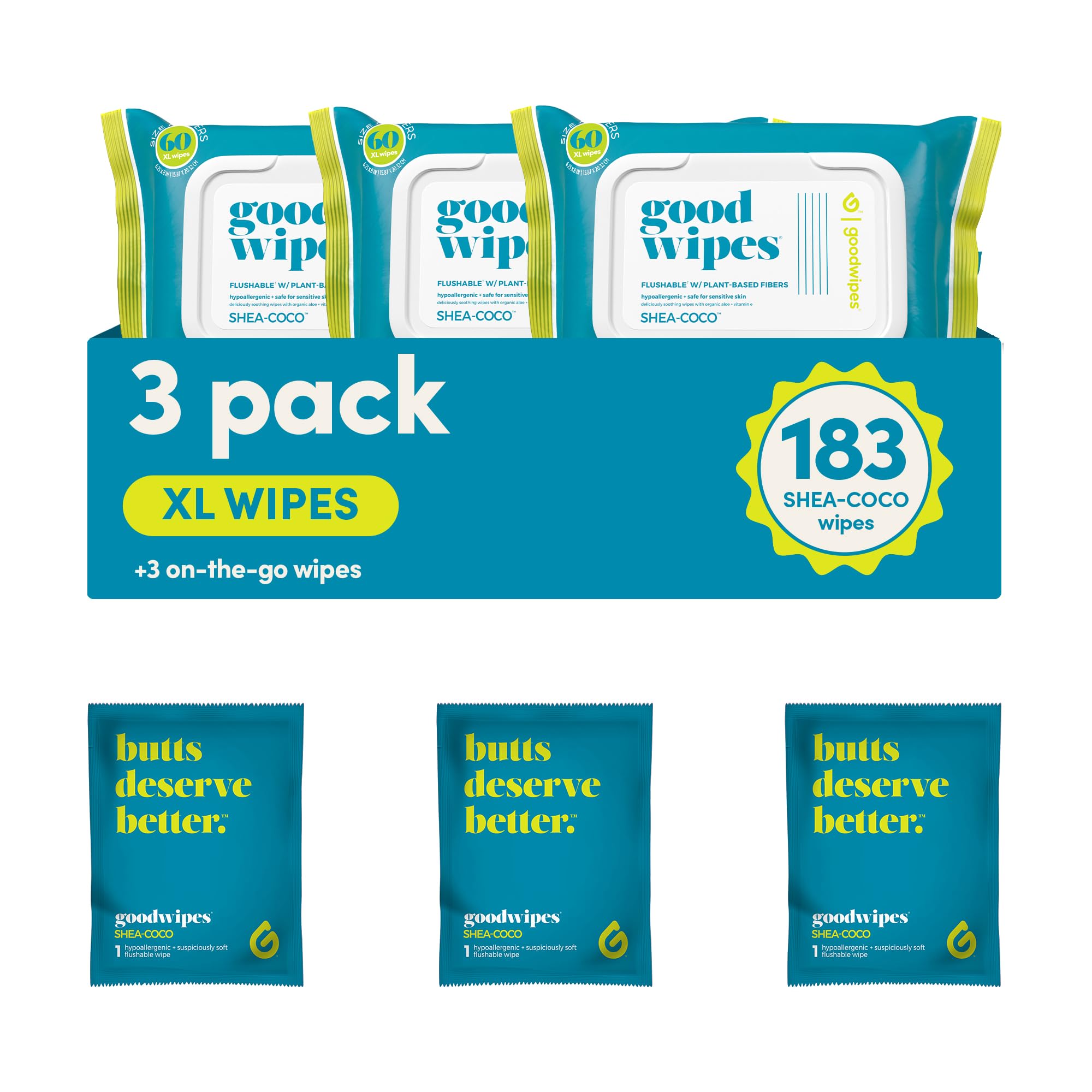goodwipesFlushable Butt Wipes - Vitamin E & Aloe - Soft & Gentle Wet Wipe Dispenser, Septic & Sewer Safe - Largest Adult Toilet Towelettes - Shea-Coco, 180 Count (3 Packs) + 3 Individually Wrapped