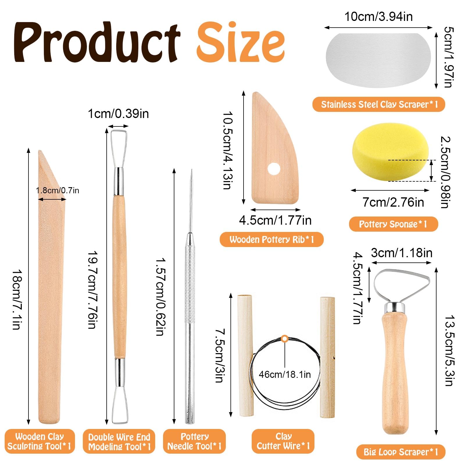 Lot de 20 outils de poterie comprenant 1 rouleau à pâtisserie en bois, 1 nappe portable en lin, 10 guides de 5 tailles pour l'enseignement, 8 outils de sculpture d'argile pour la fabrication