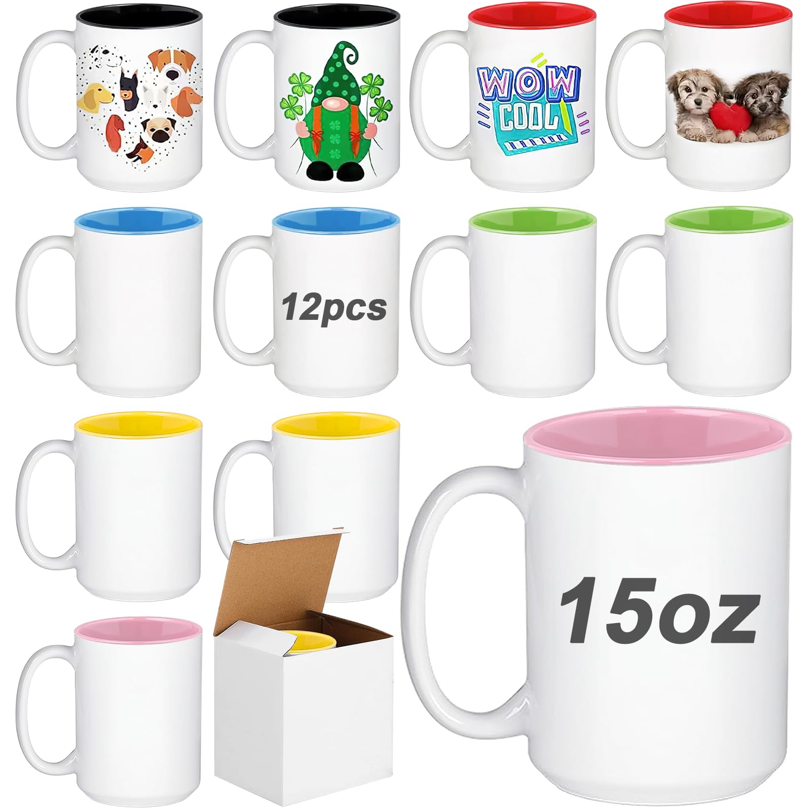 Set di 12 tazze bianche da 15 once con interno colorato - Tazze in ceramica personalizzabili per sublimazione - Tazze con manico per caffè, tè, latte, cioccolata calda, regalo fai da te