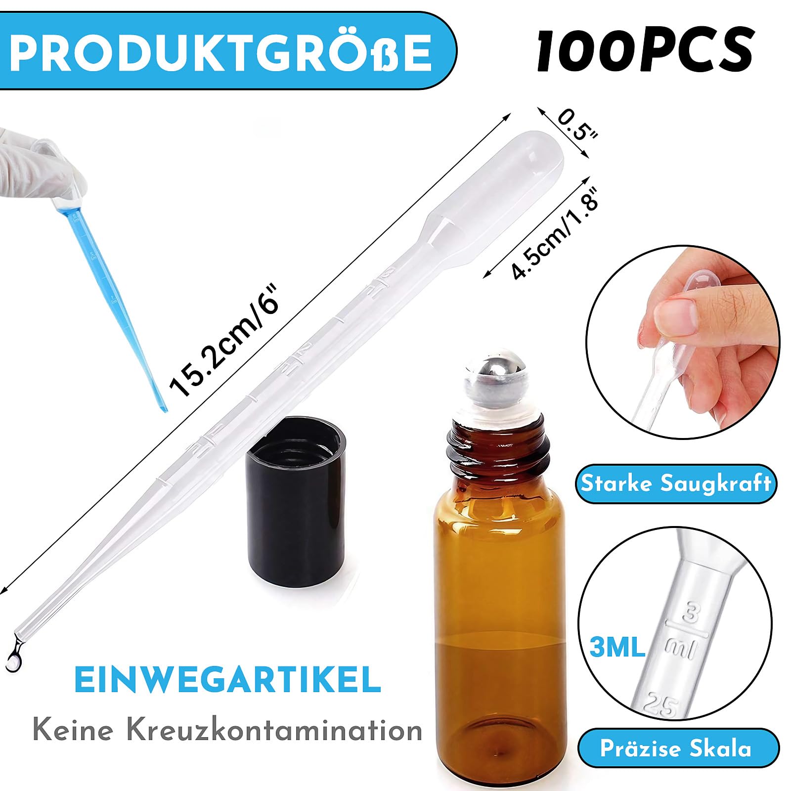 Pipetas Cuentagotas 100 Piezas 3ml Plástico Graduadas Transparentes Desechables para Laboratorio Aceites Esenciales