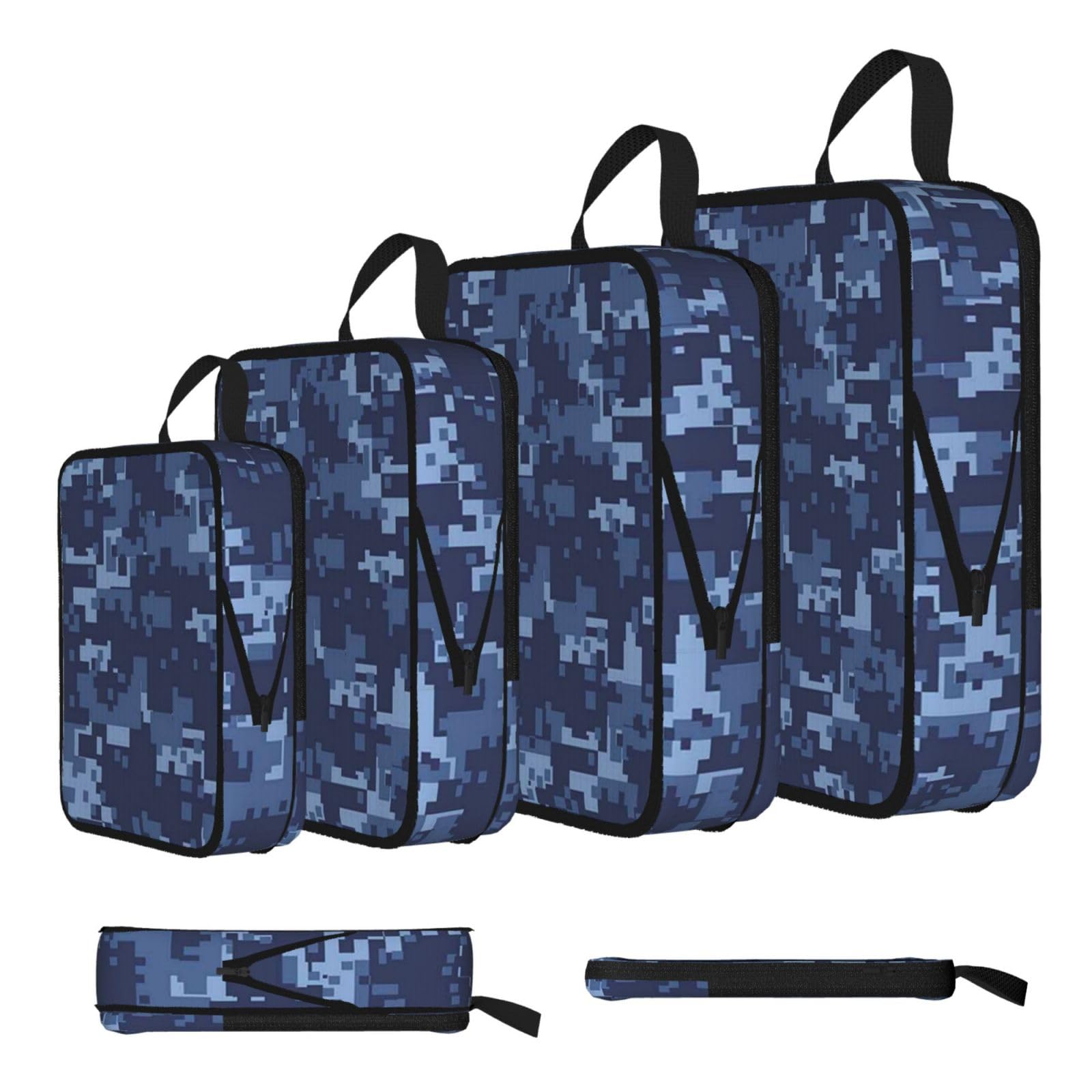 Blue Camouflage Pattern Print Compression Packing Cubes 4-Piece Set With Multi- Compartment Travel Bag, Waterproof Suitcase Organiser Bags