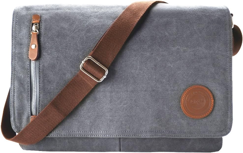 15.6 Inch Vintage Canvas Messenger Bag Laptop Shoulder Bag Satchel with Laptop Compartment for Men Women School Work(with Laptop Compartment-Grey)