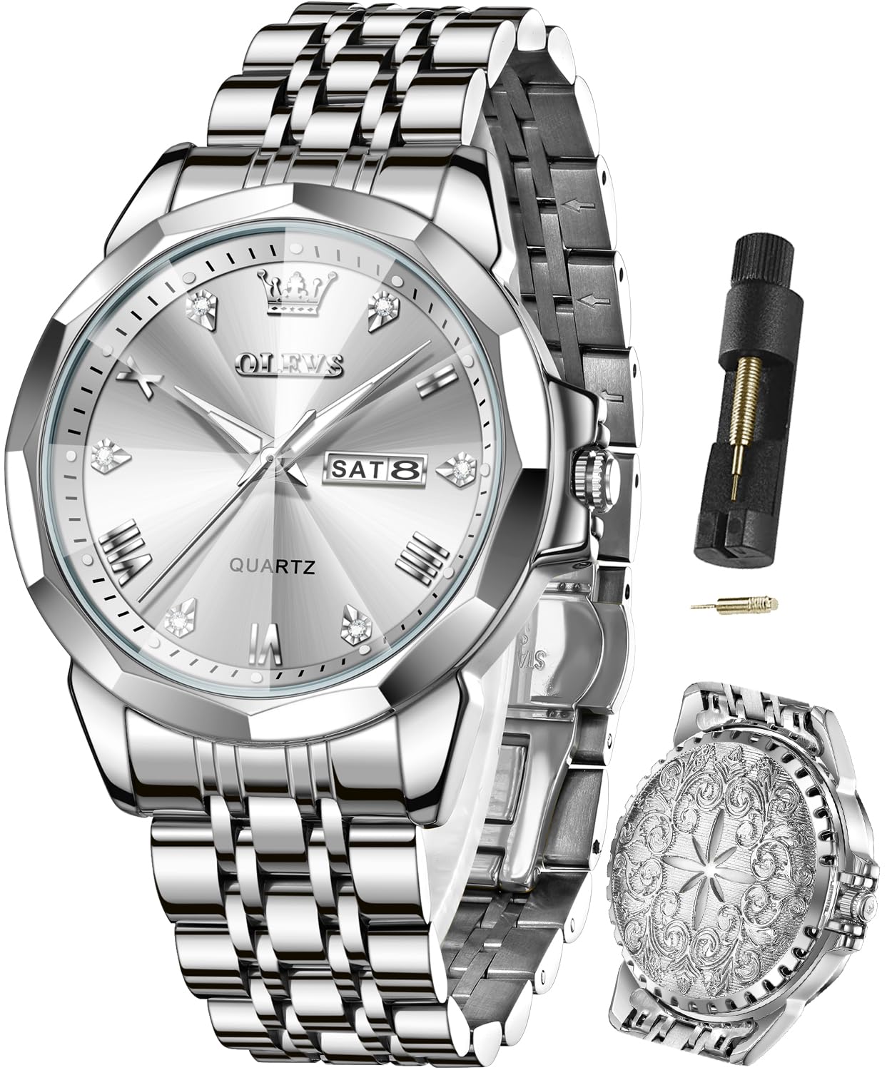 OLEVS Watches for Men Diamond Business Dress Analog Quartz Stainless Steel Waterproof Luminous Date Perfume Watch Luxury Fashion Wristwatch