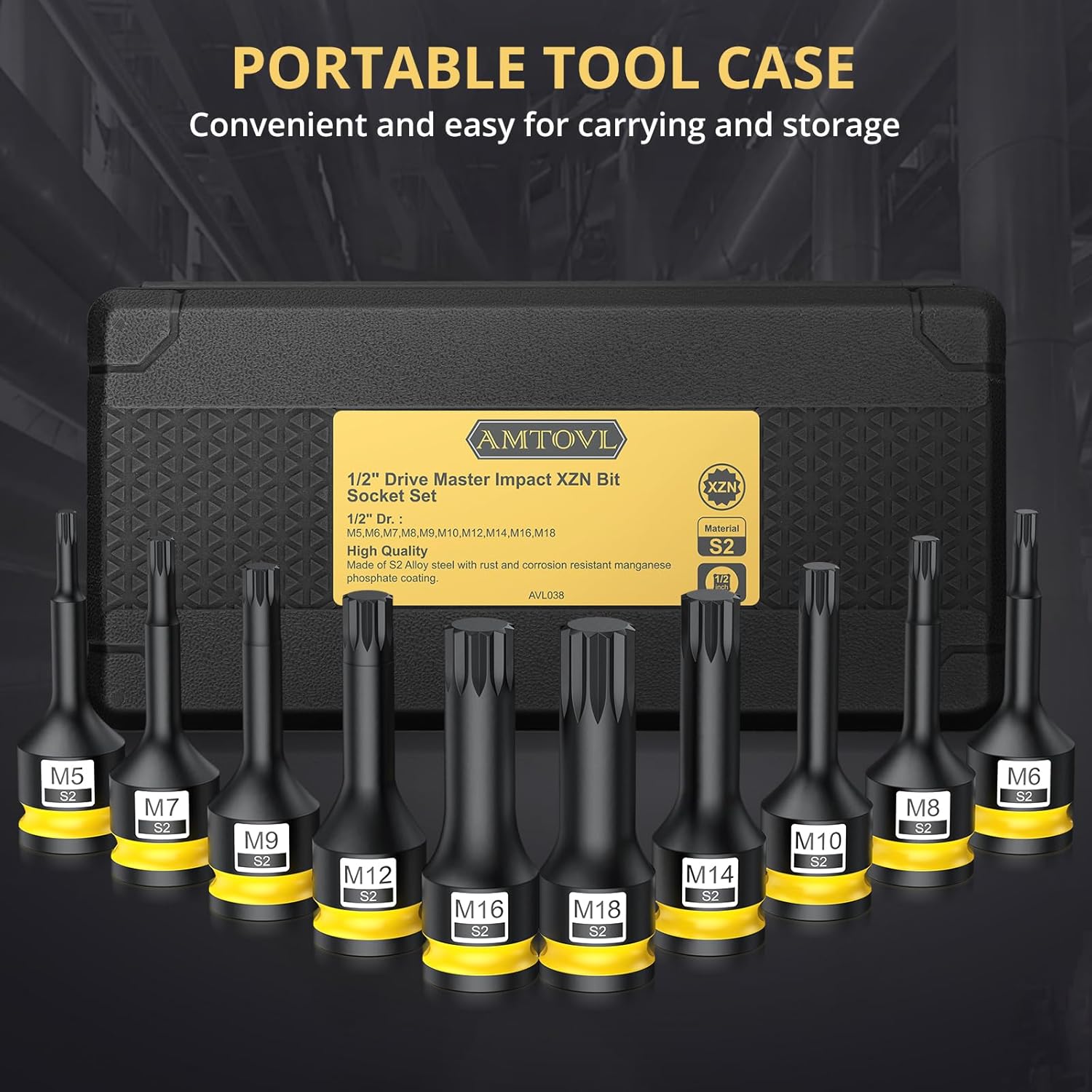 AMTOVL Impact XZN Bit Socket Set - 1/2" Drive, S2 Steel, 10PCS Spline Socket set, Square Socket Set M5-18 with Storage Case for Professional Mechanic and Auto Repair