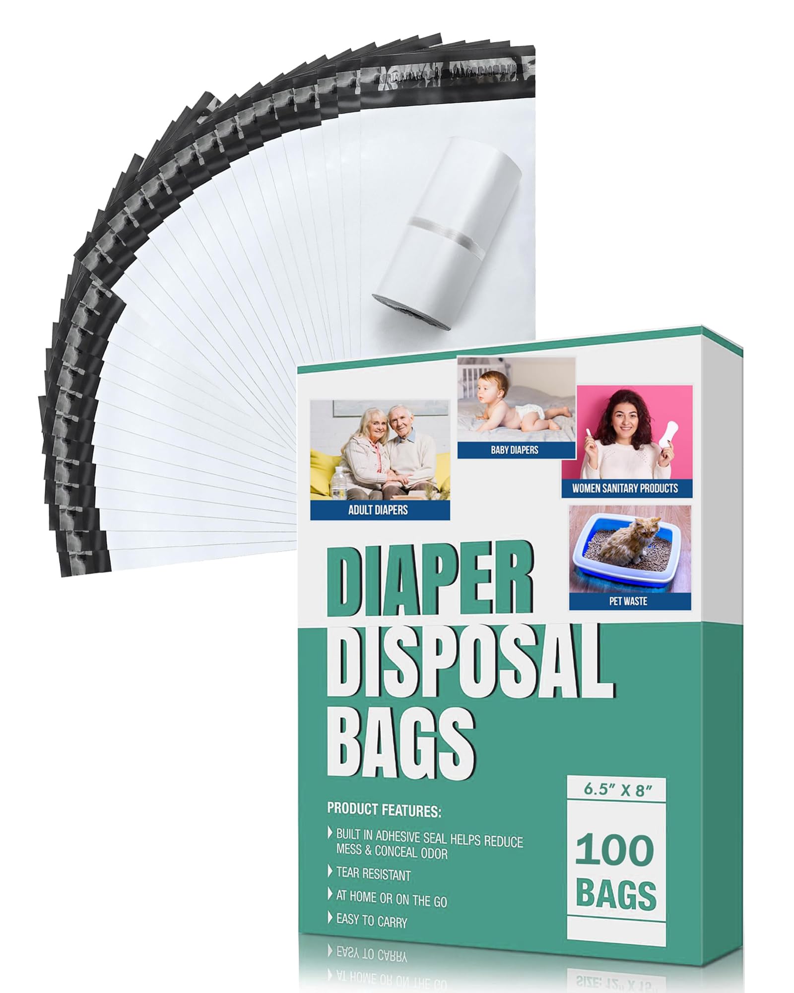 Diaper Disposal,100 Pack 6.5" x 8" Plastic Bags | Self-Adhesive Strips to Seal in Odours | Leak-Proof,Suitable | For Adult Diaper, Elderly Nappy Care at Home and for Travel (100Pcs)