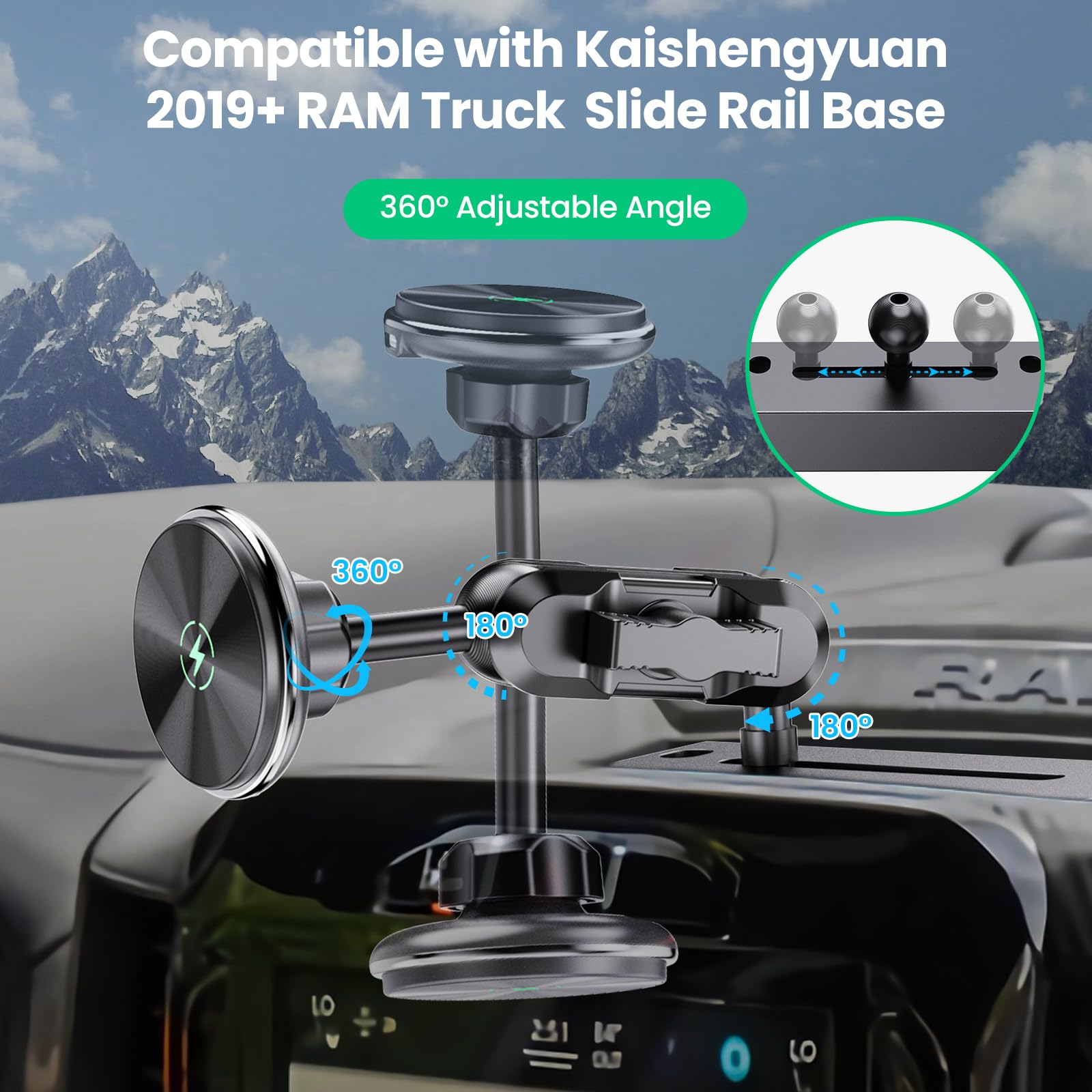 Kaishengyuan Supporto di ricarica magnetico per cruscotto con braccio a doppia presa da 8 cm + braccio di montaggio rotante di estensione compatibile con iPhone e smartphone Android – Adatto a sfere
