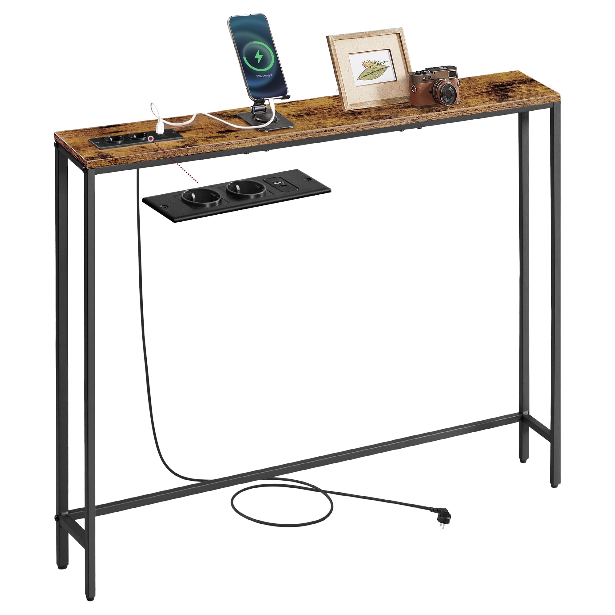 VASAGLE Konsolentisch mit Ladestation, schmaler Sofatisch, Flurtisch, 15 x 100 x 80 cm, mit Haken, einfache Montage, für Flur, Wohnzimmer, vintagebraun-tintenschwarz LNT079K02