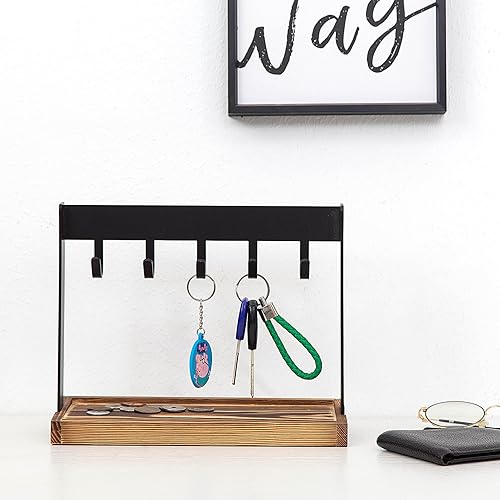 Soporte de metal para llaves de mesa con 5 ganchos, base de madera soplada, organizador de encimera industrial rústico, organizador de encimera,