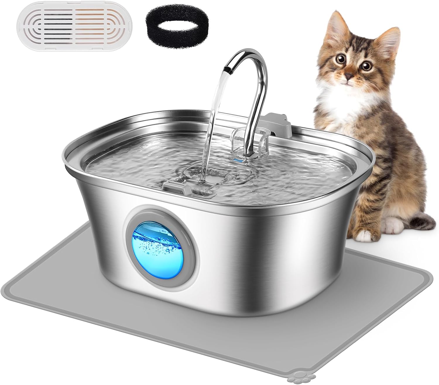 Cat Water Fountain with Water Level Window, One Set of Filter, 108oz/3.2L Pet Water Fountain for Cats/Dogs Inside, 304 Stainless Steel, Dishwasher Safe with Low Noise Pump, Filtration System