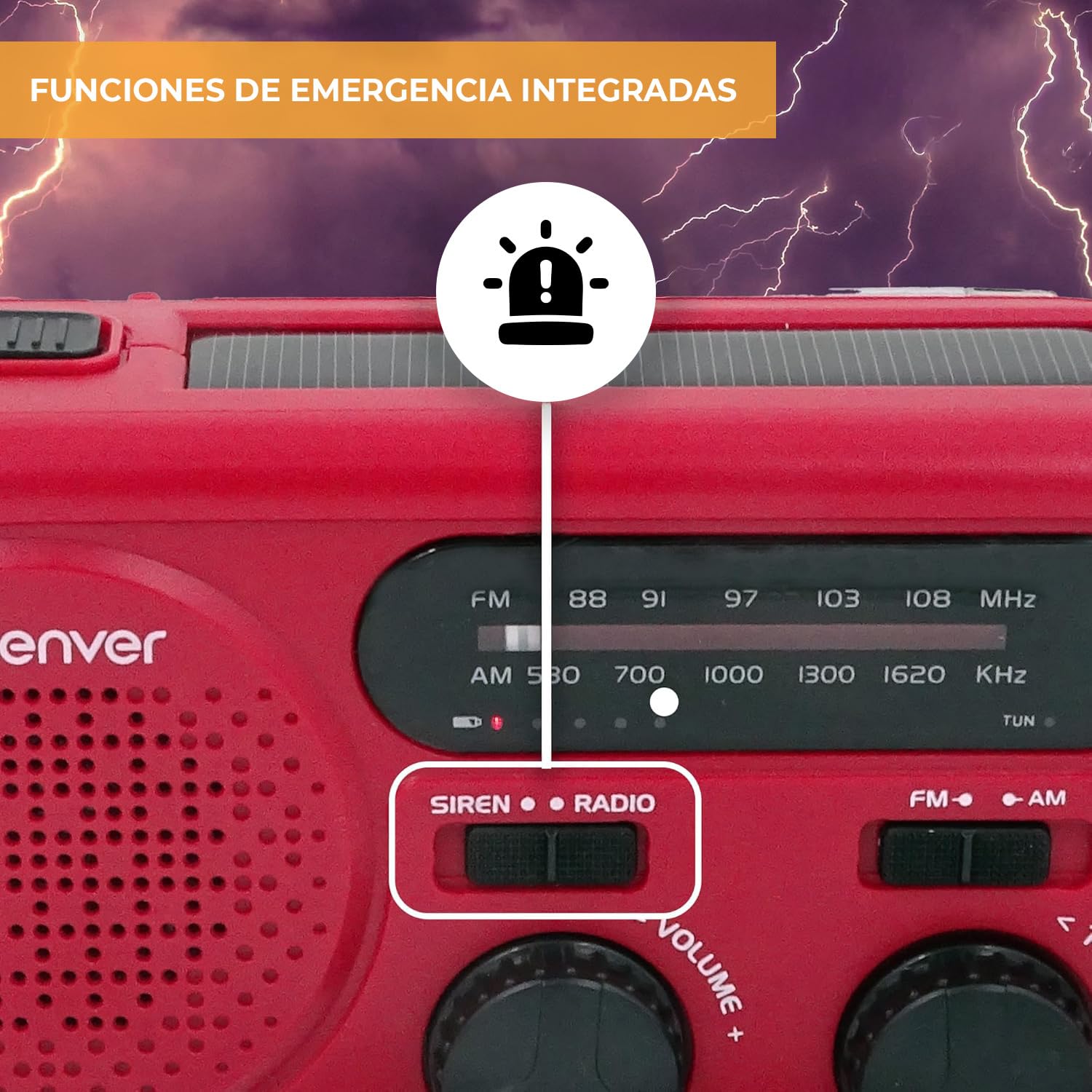 Denver SCR-2010MK2 Radio Solar de Emergencia con Manivela, Am/FM, Linterna LED 1W, Sirena SOS, Batería Recargable 2000 mAh, USB-C/USB-A, Funciona con Pilas AAA, para Apagones y Camping