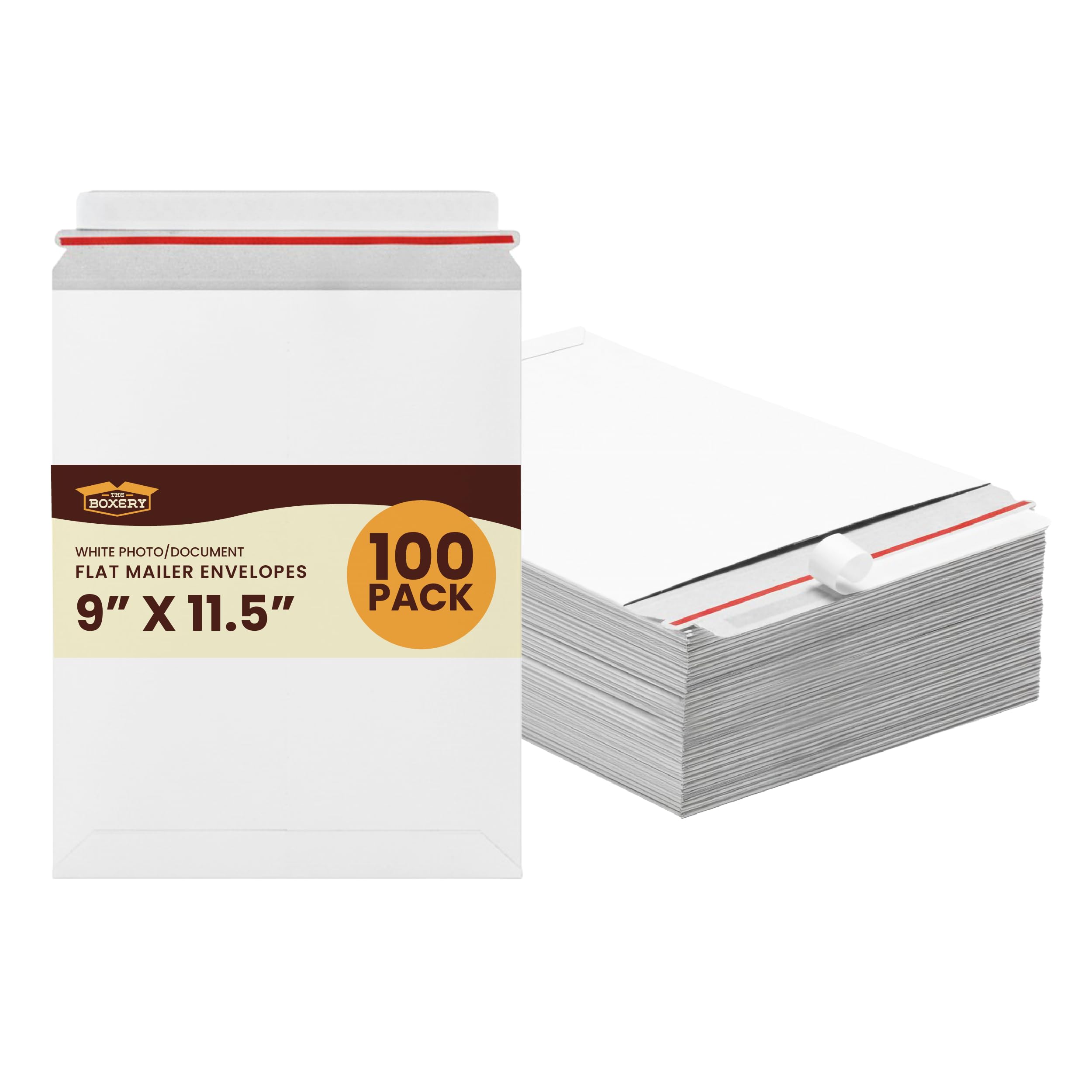 The Boxery White Flat Photo/Document Mailer Envelopes with Peel & Seal Closure-(100 Pack) 9 inch x 11.5 inch Stay Flat Cardboard Ridgid Mailers