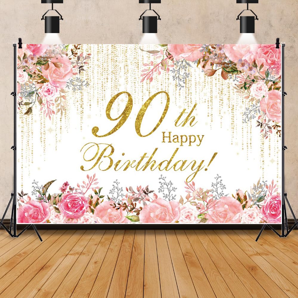 Pnylzzyxh Happy 90th Birthday Backdrop Pink Watercolor Floral Golden Curtains Backdrop for Women Grandma Theme Birthday Party Decorations Banner