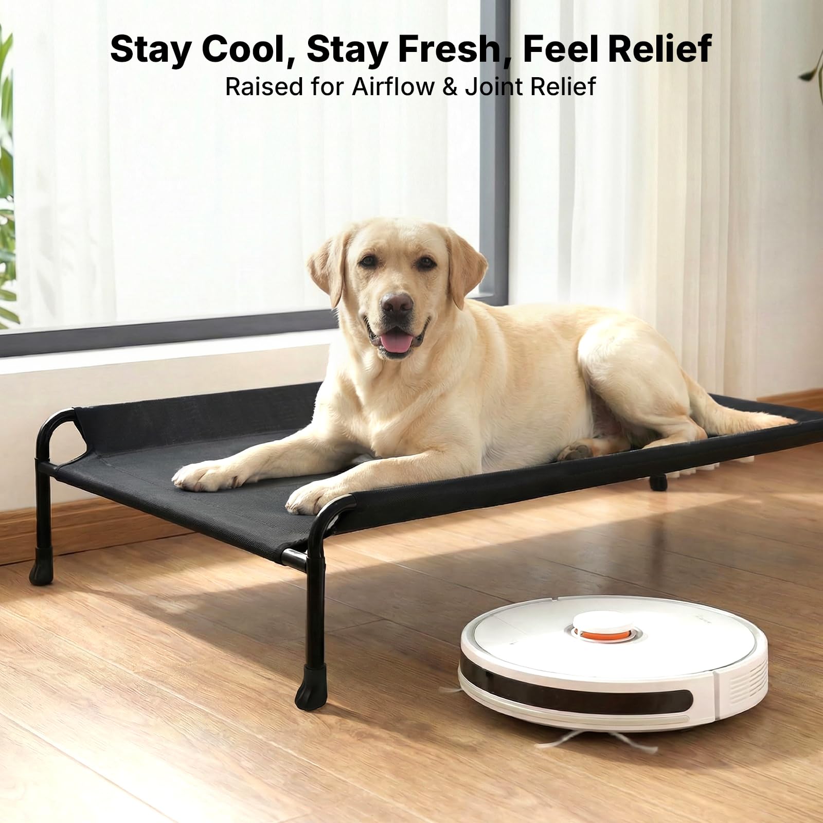 Veehoo Outdoor Dog Bed, Raised Dog Beds for Large Dogs, Elevated Dog Bed with Headrest, Washable Cooling Pet Cot with Non-Skid Feet, Breathable Pet Hammock for Indoor or Camping, 41", Black - image 3