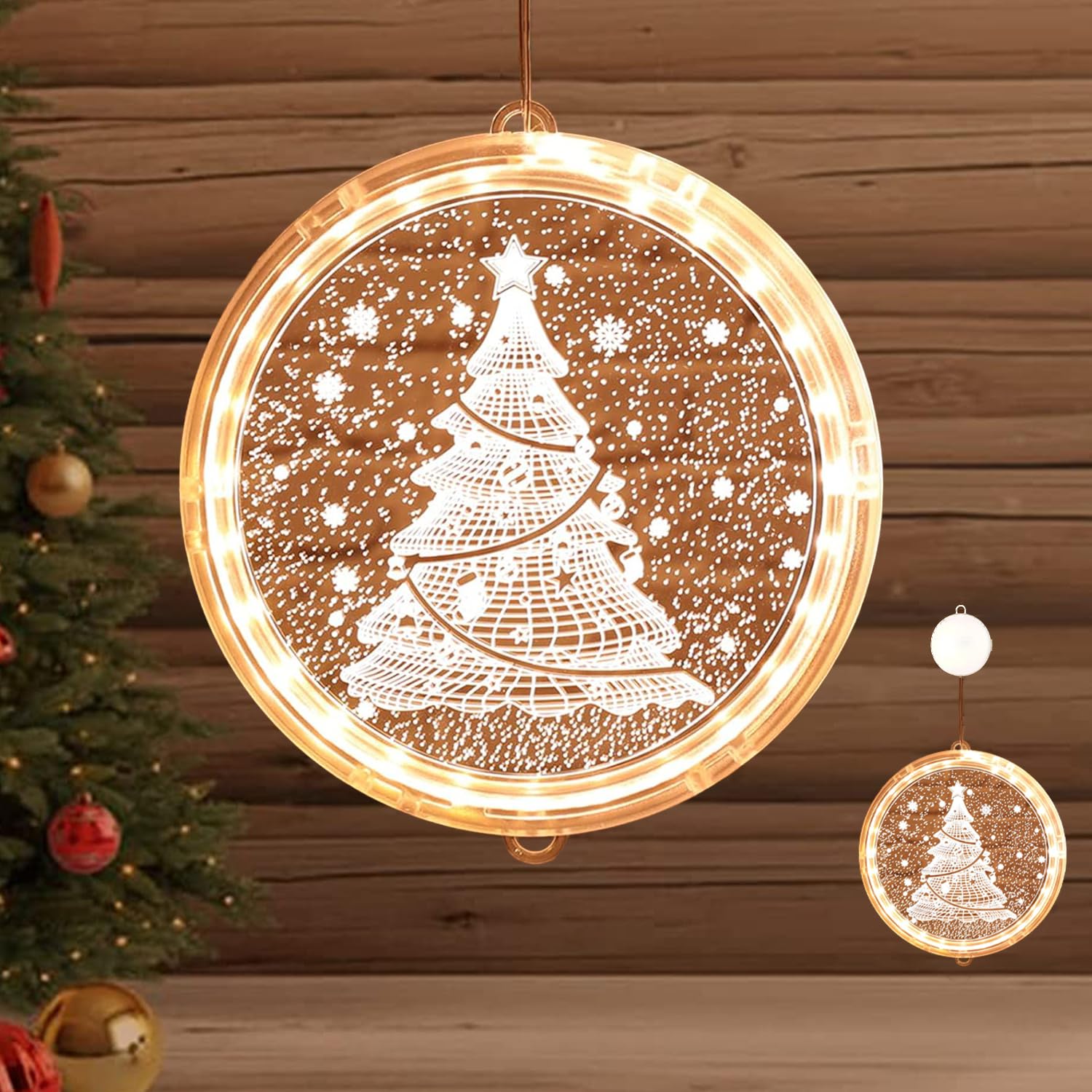 Luz Ventana Navidad LED,Patrón de Navidad de Acrílico 3D,Adornos Navideños Luz Colgante Baterías Cargada para Decoración Ventanas Fiestas Navideñas Interiores Exteriores (Árbol de Navidad)