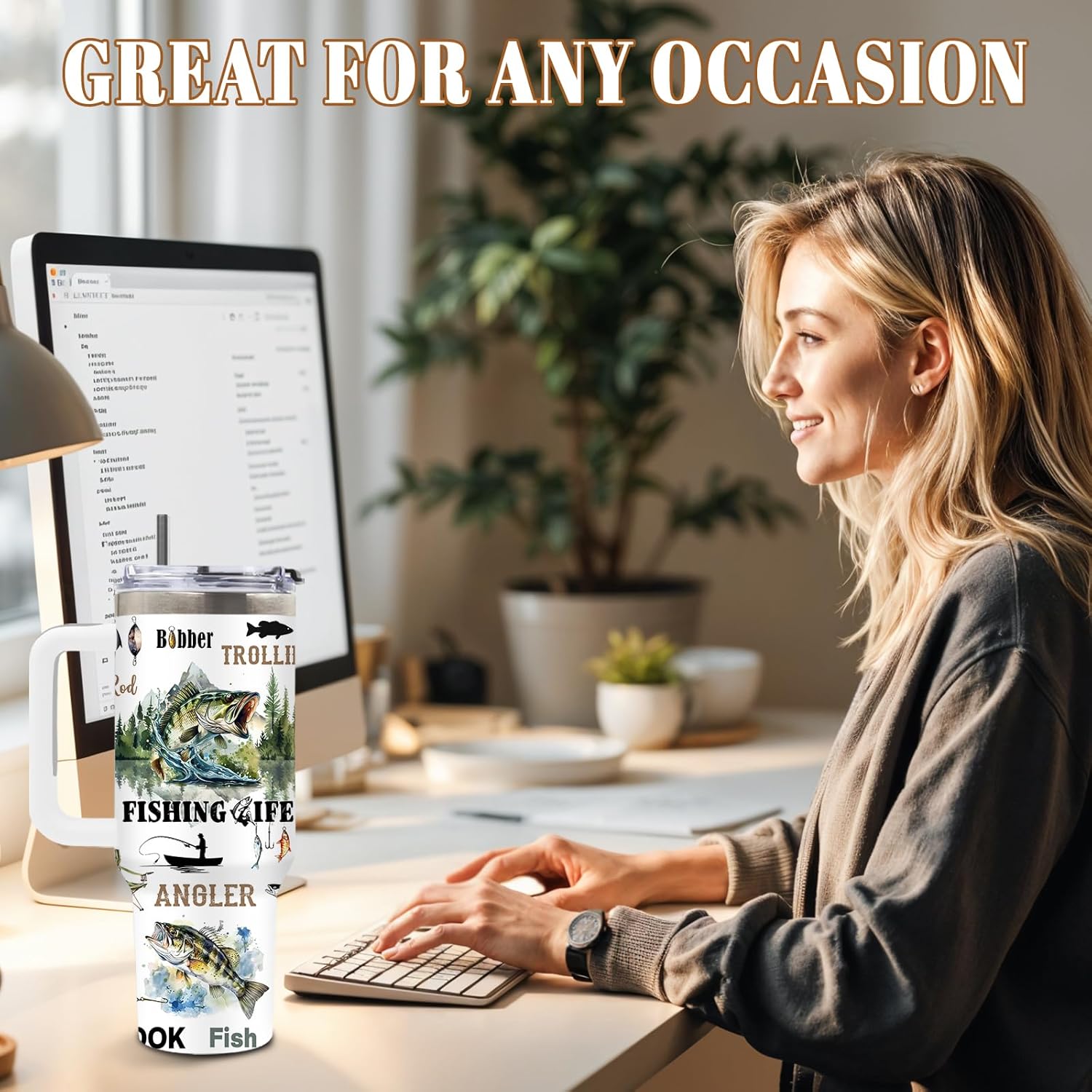 DUUV Fishing Gifts for Men, Fish Tumbler for Fisherman, Birthday Gifts for Men Dad Boys Who Love Fishing, Fisherman Gift for Christmas Thanksgiving, 40 Oz Tumbler with Handle, 1PCS - Image 7