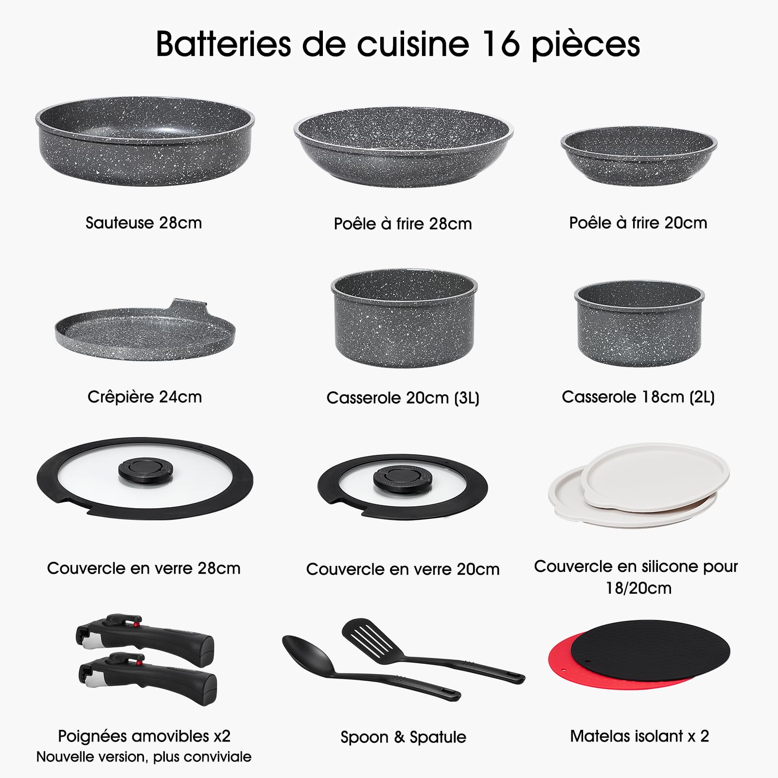 ROSSETTO Batterie de Cuisine, Set de casserole poele induction avec poignée amovible et revêtement anti-adhésif en céramique, empilable Set de casseroles (Gris Cendré, 16 pièces)