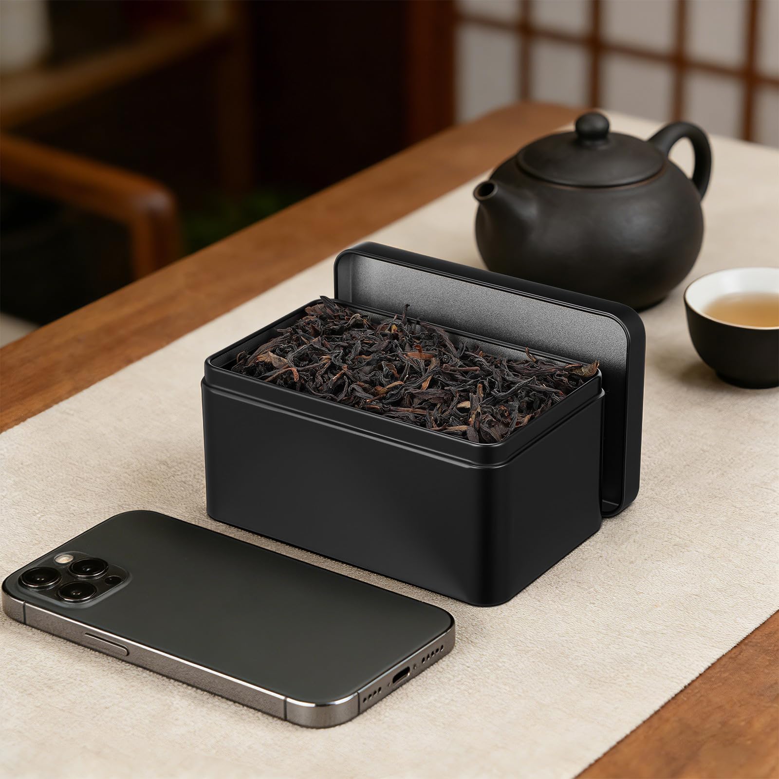 jojofuny Caja de Hojalata Organizador Compacto Rectangular Negra para Almacenar Té Bordes sin Costuras y Cierre Fácil para Almacenamiento Hogar y Viajes