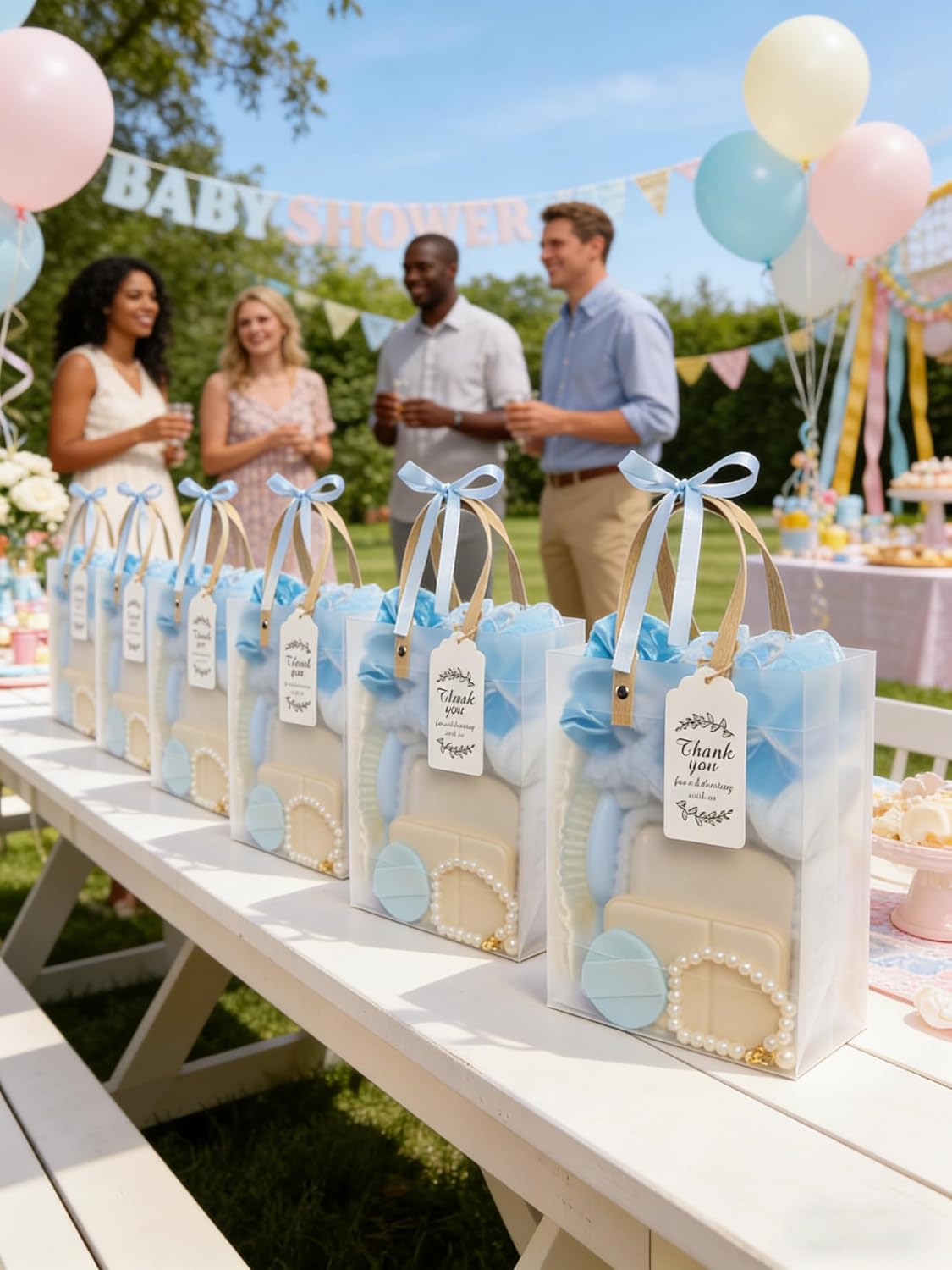 Baby Shower Prizes for Games, 74 Pieces Party Favor Kit with Jewelry Box, Bracelet, Hair Accessories, Compact Mirror, Bath Sponges, Thank You Cards, Gift Bags, 6 Sets (Blue)